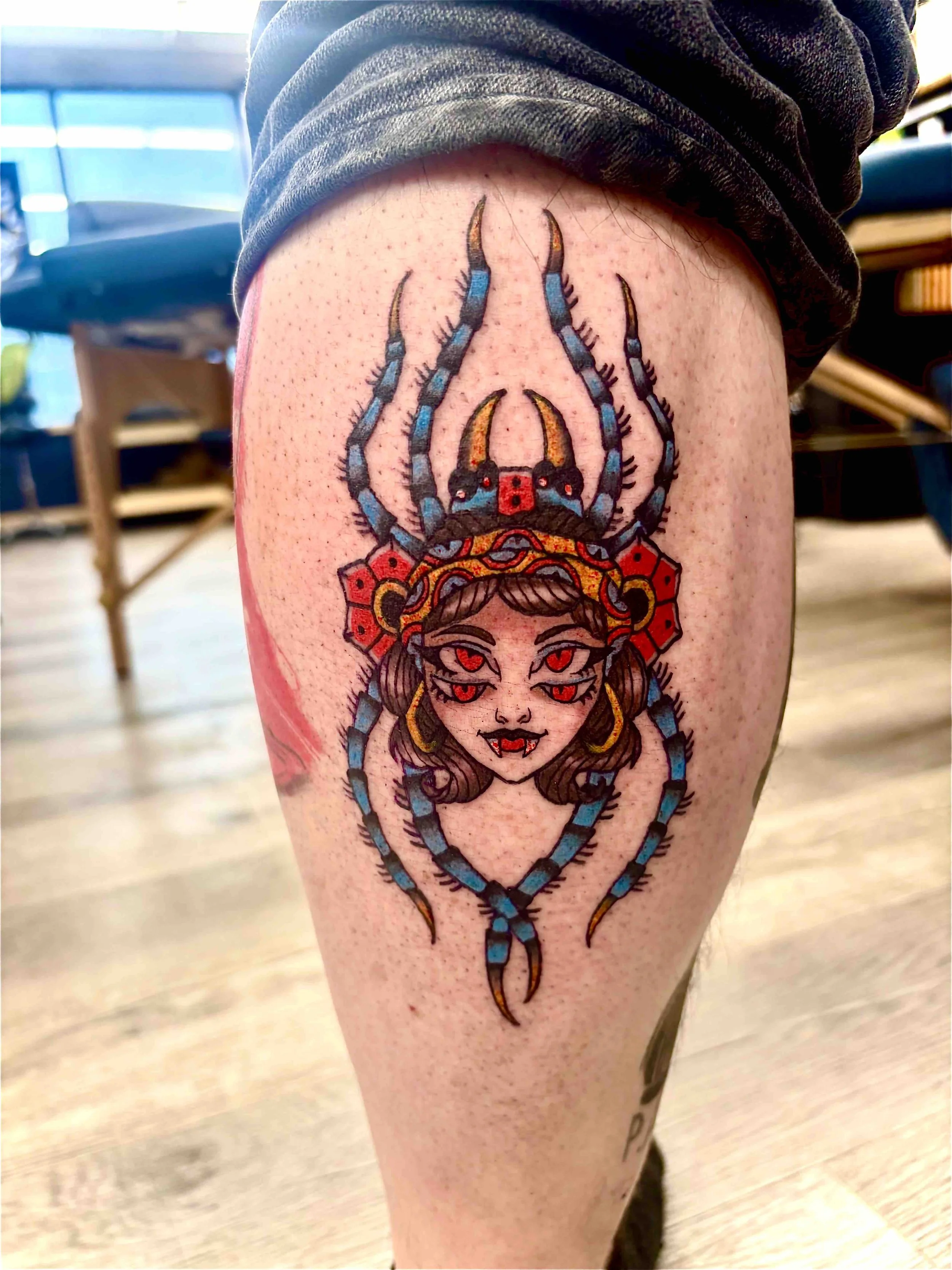 Neo traditional spider lady tattoo in color on back of calf by AK Zaionz at Sink or Swim in Niagara Falls NY