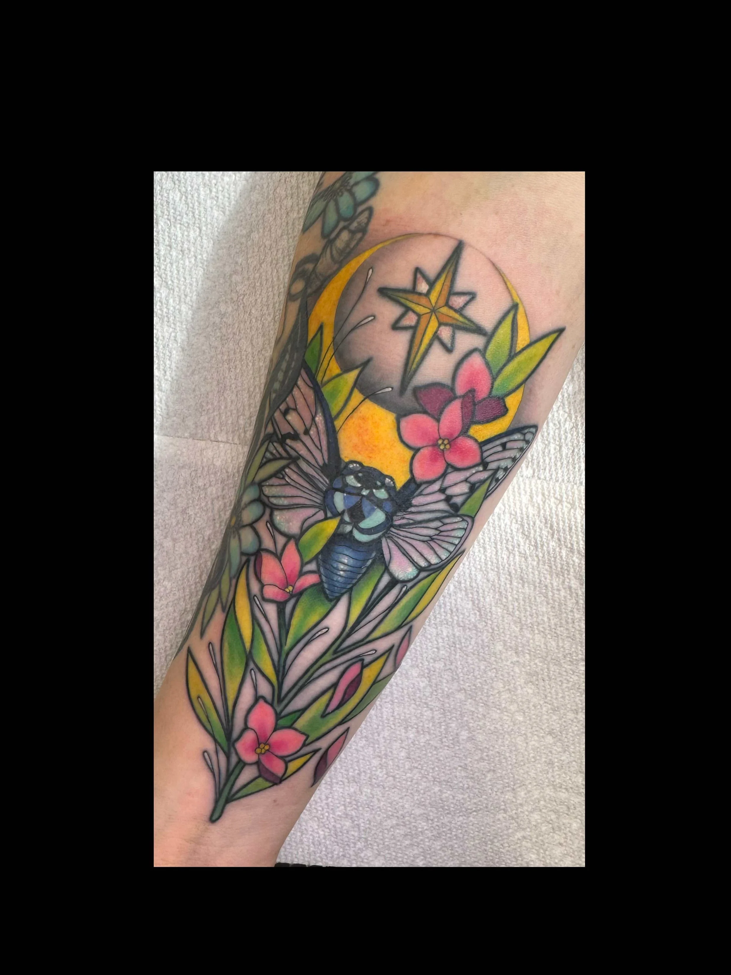 Neo traditional Cicada with stemmed flowers and moon tattoo in color portfolio work by Shannon Kuzara at Sink or Swim Tattoo and Piercing in Niagara Falls NY
