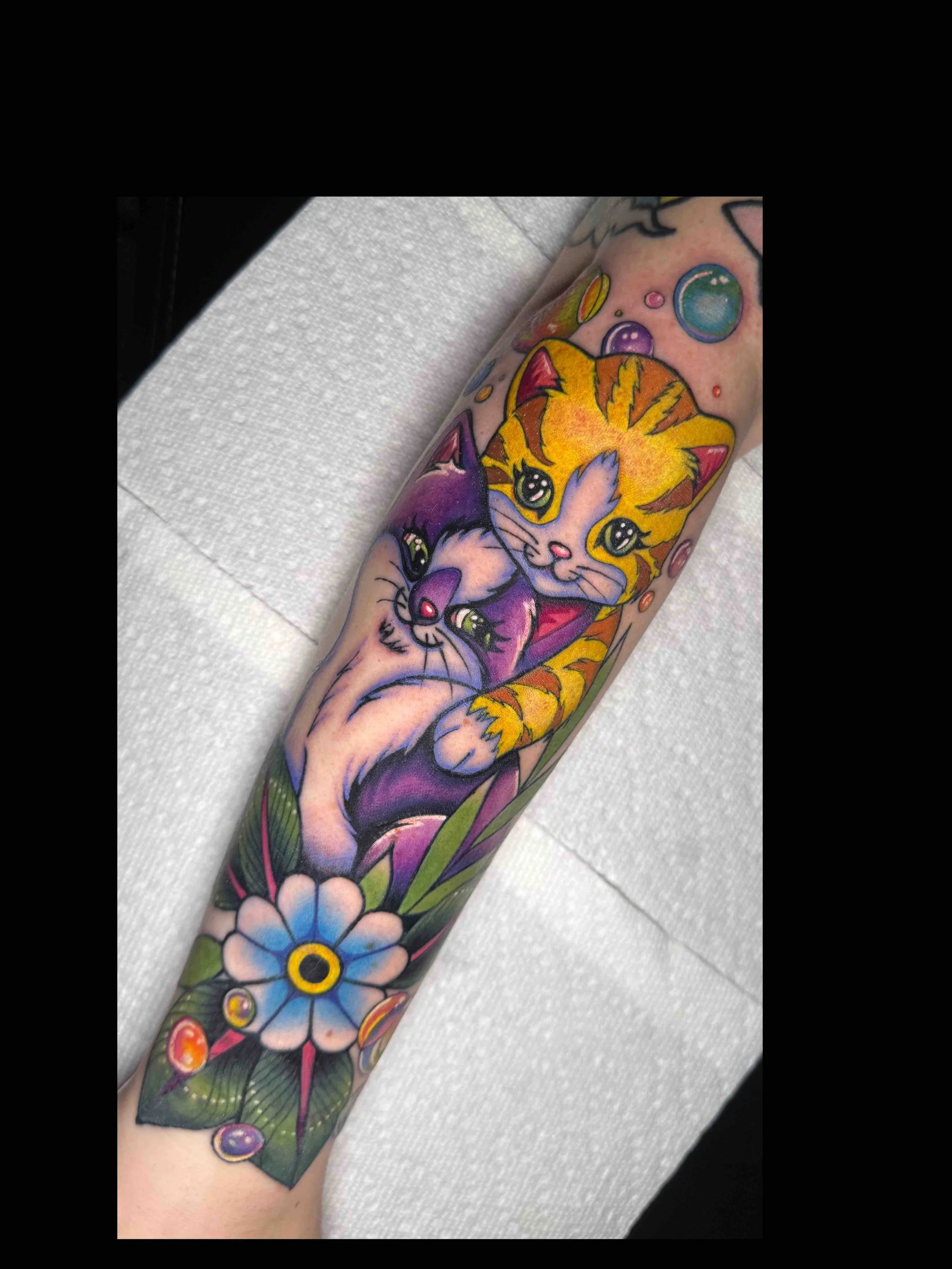 Neo traditional Lisa Frank Kitty Cat tattoo in color portfolio work by Shannon Kuzara at Sink or Swim Tattoo and Piercing in Niagara Falls NY