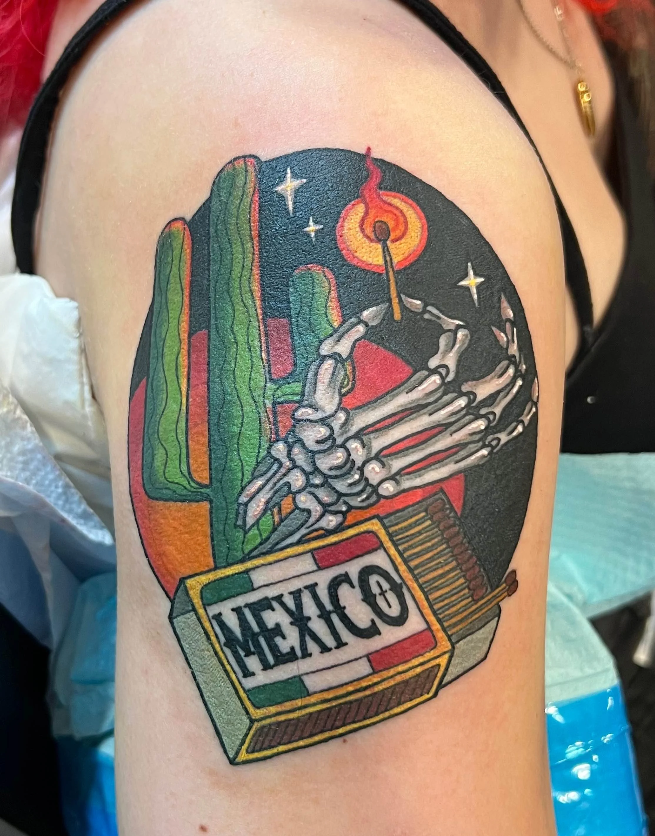 Mexican inspired cactus and matchbook tattoo, portfolio work by Samantha Sullivan at Sink or Swim Tattoo and Piercing in Niagara Falls, NY
