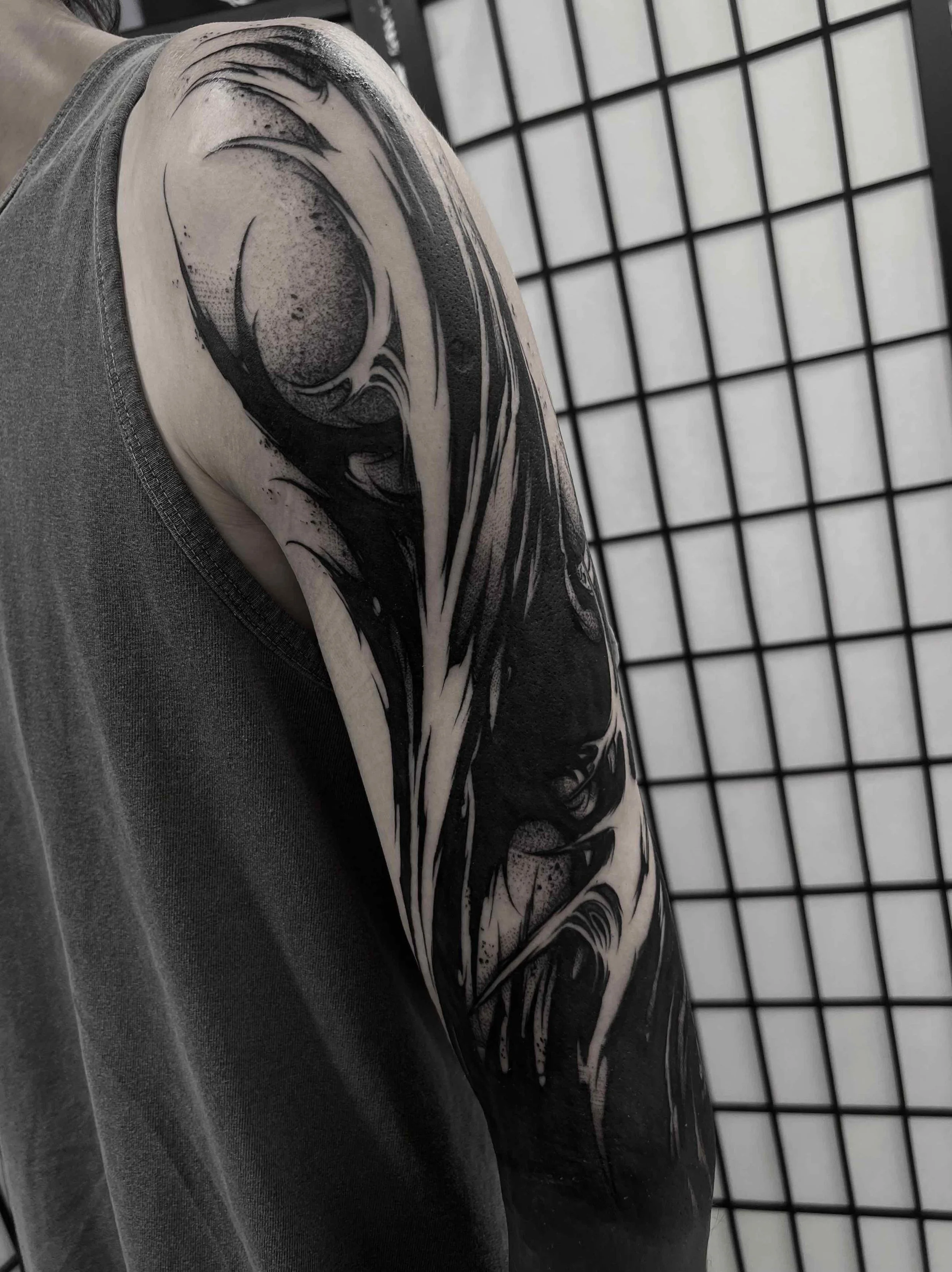 blackwork ornamental upper arm tattoo , portfolio work by Jordy Levea at sink or swim tattoo and piercing in Niagara Falls, ny