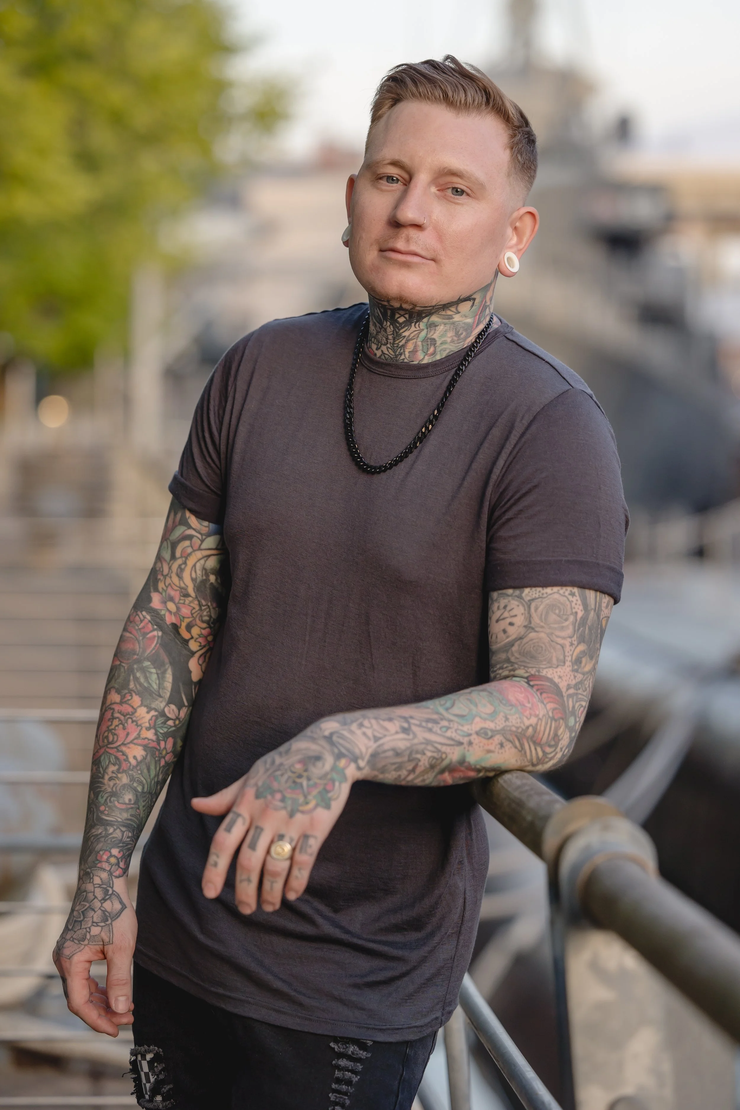Professional studio headshot of a resident tattoo artist at Sink or Swim Tattoo and Piercing in Niagara Falls NY