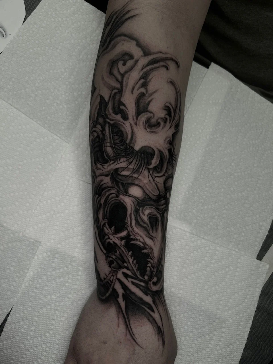 dark art black and grey japanese kappa yokai tattoo , portfolio work by Jordy Levea at sink or swim tattoo and piercing in Niagara Falls, ny