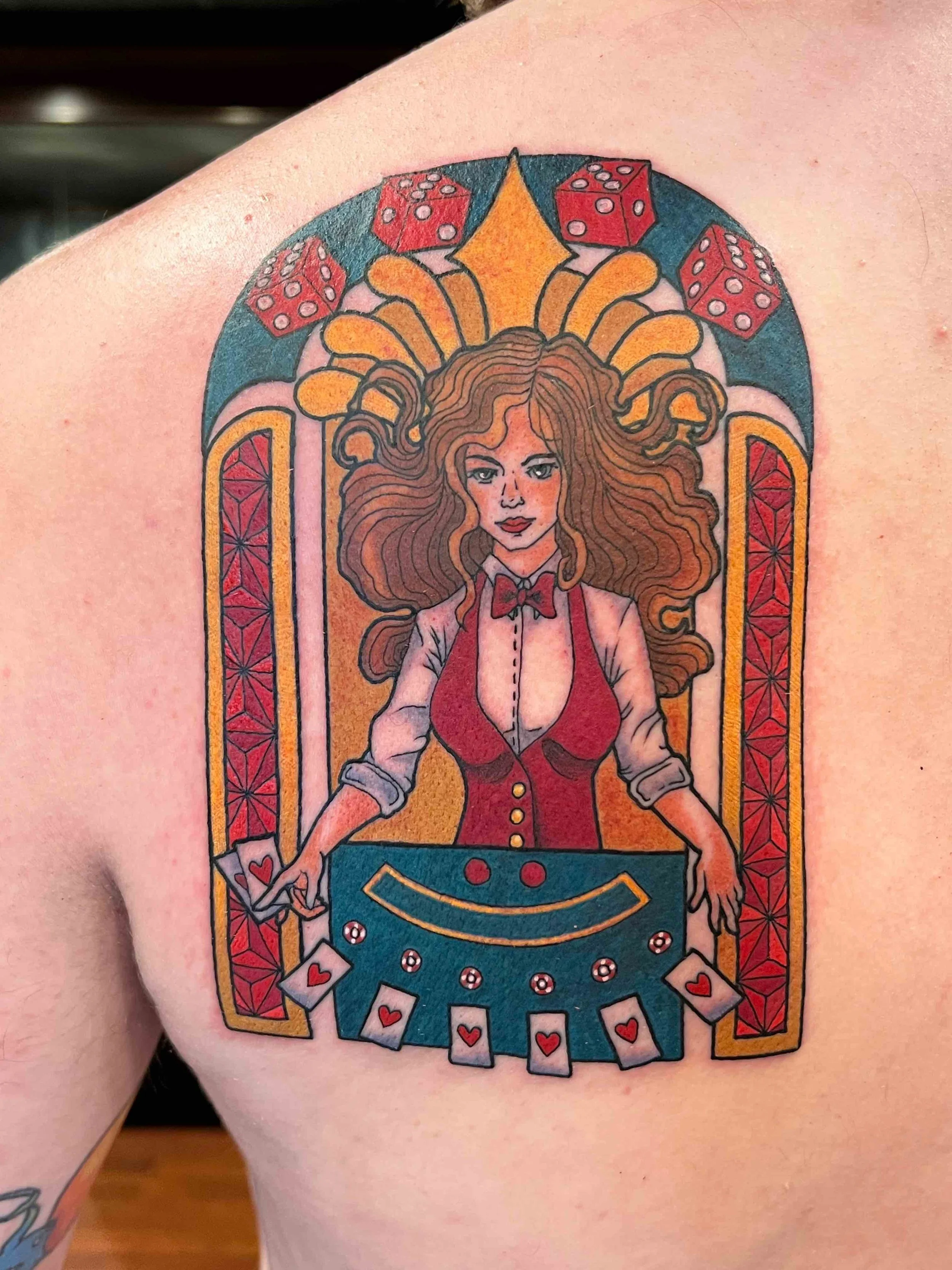 art nouveau style carnival girl, portfolio work by Samantha Sullivan at Sink or Swim Tattoo and Piercing in Niagara Falls, NY