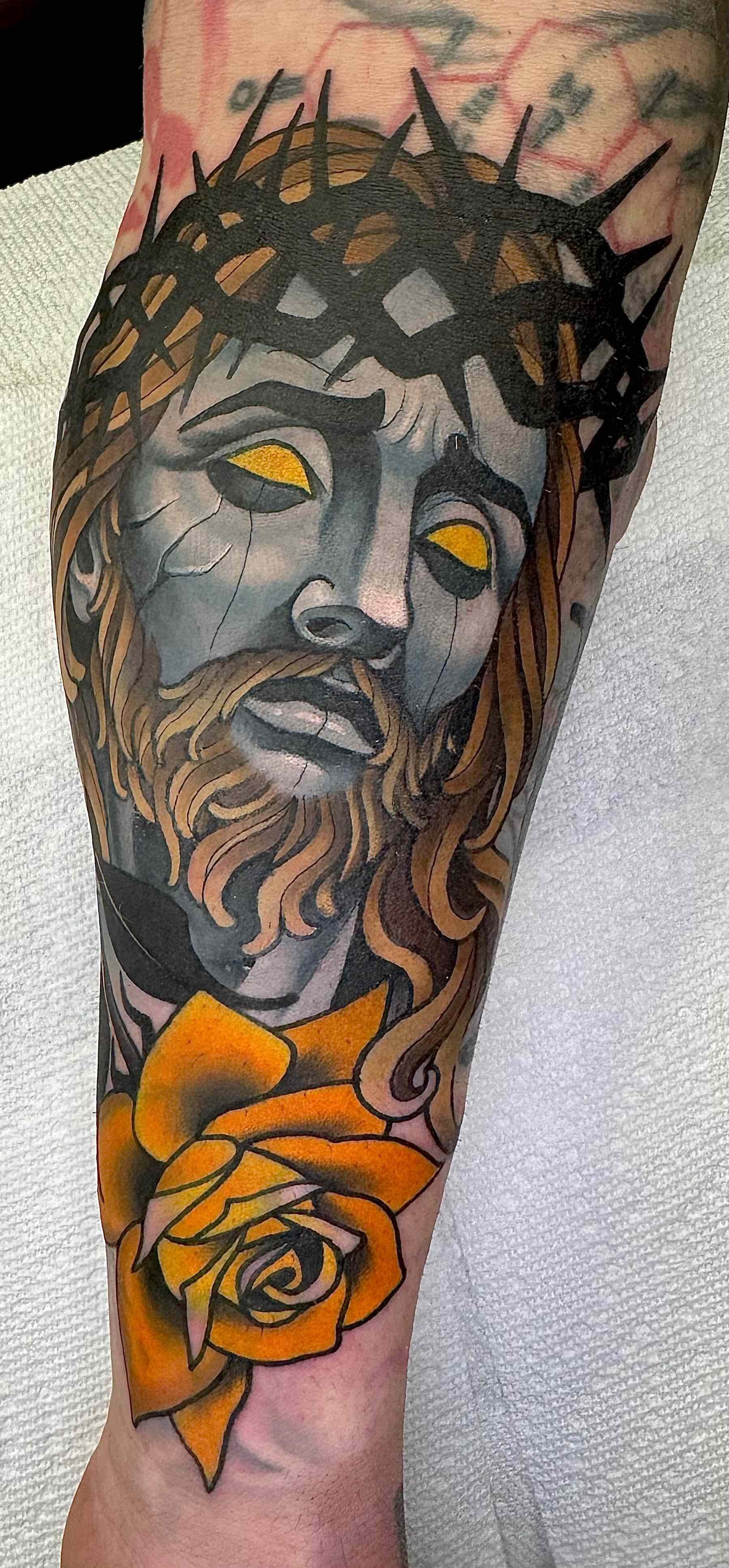 Neo Traditional Jesus face coverup on a forearm, portfolio work by Keith Kuzara at Sink or Swim Tattoo and Piercing in Niagara Falls NY