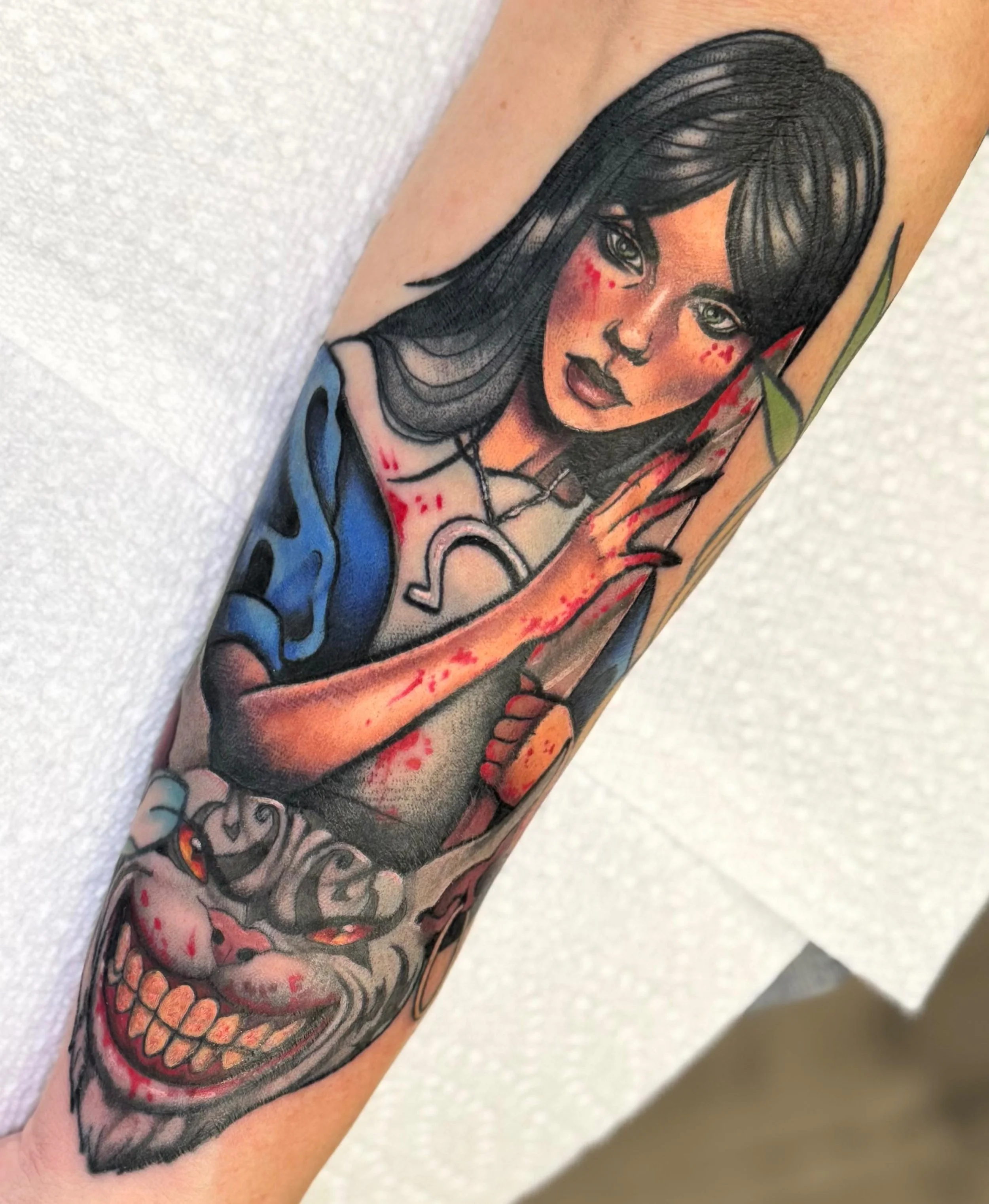 Neo traditional Alice in Wonderland horror tattoo in color portfolio work by Shannon Kuzara at Sink or Swim Tattoo and Piercing in Niagara Falls NY