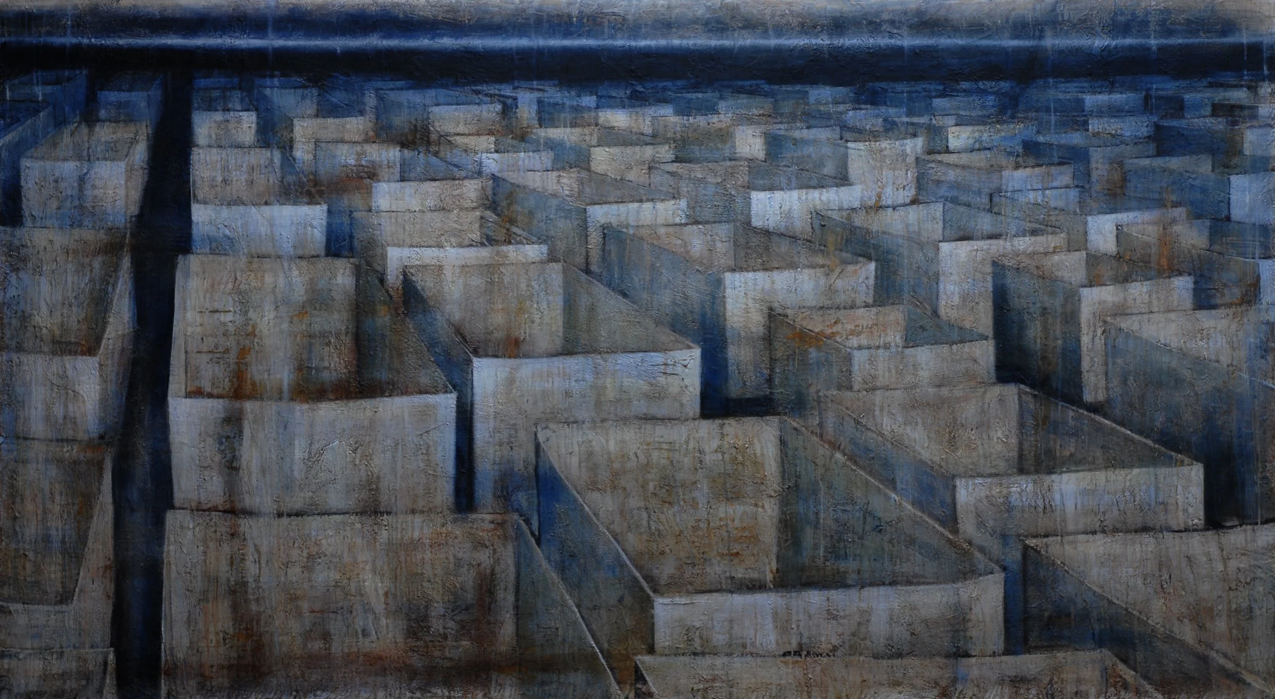 Boxes 1
122cm x 220cm
Oil, acrylic, wax
