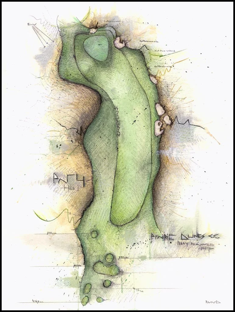 Fine art print of Hole #1 “Carey Lane” at Prairie Dunes Country Club by Charcoal Golf.