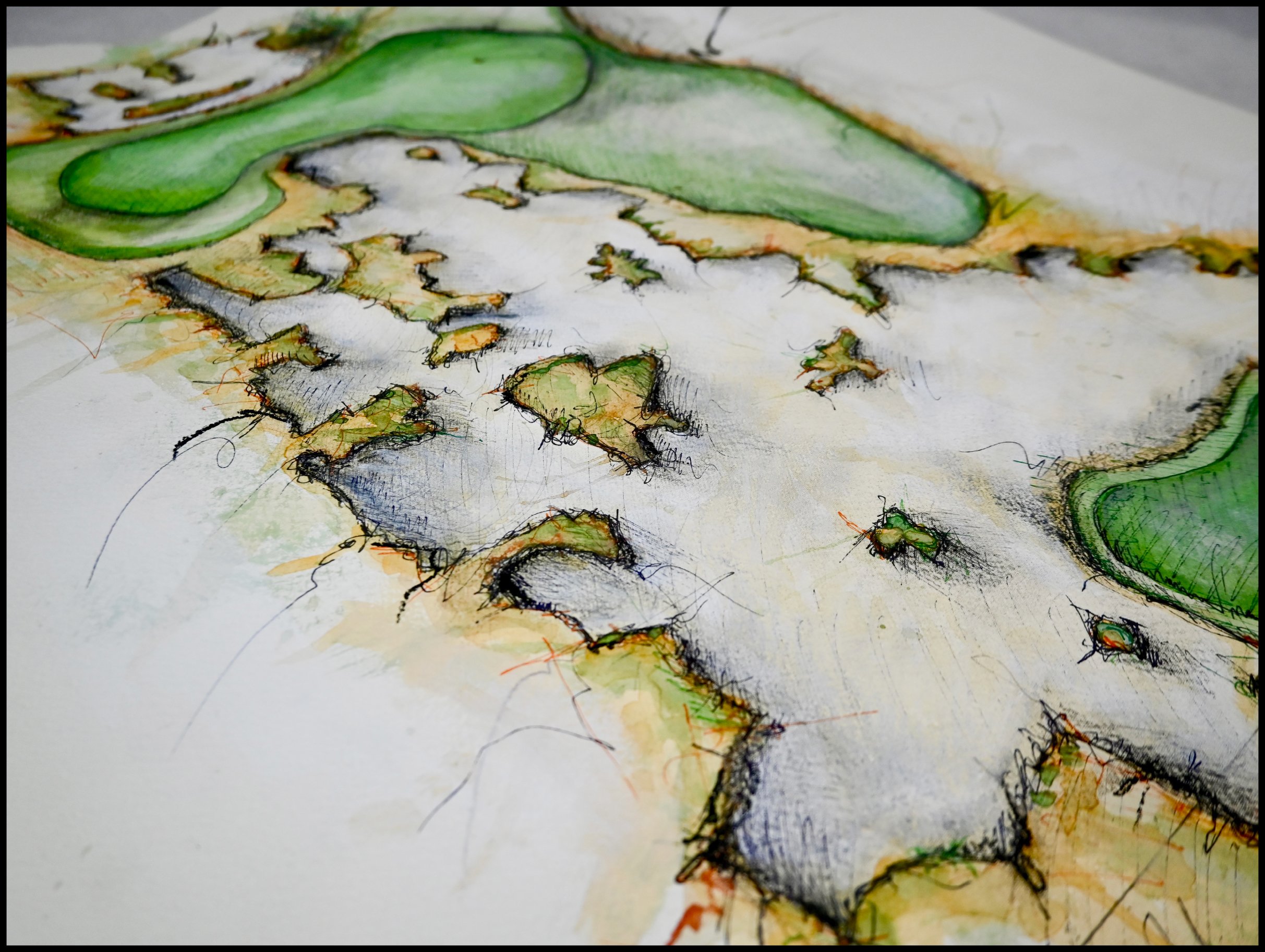 A close-up of a watercolor painting of a cactus with green pads and spines on white paper.