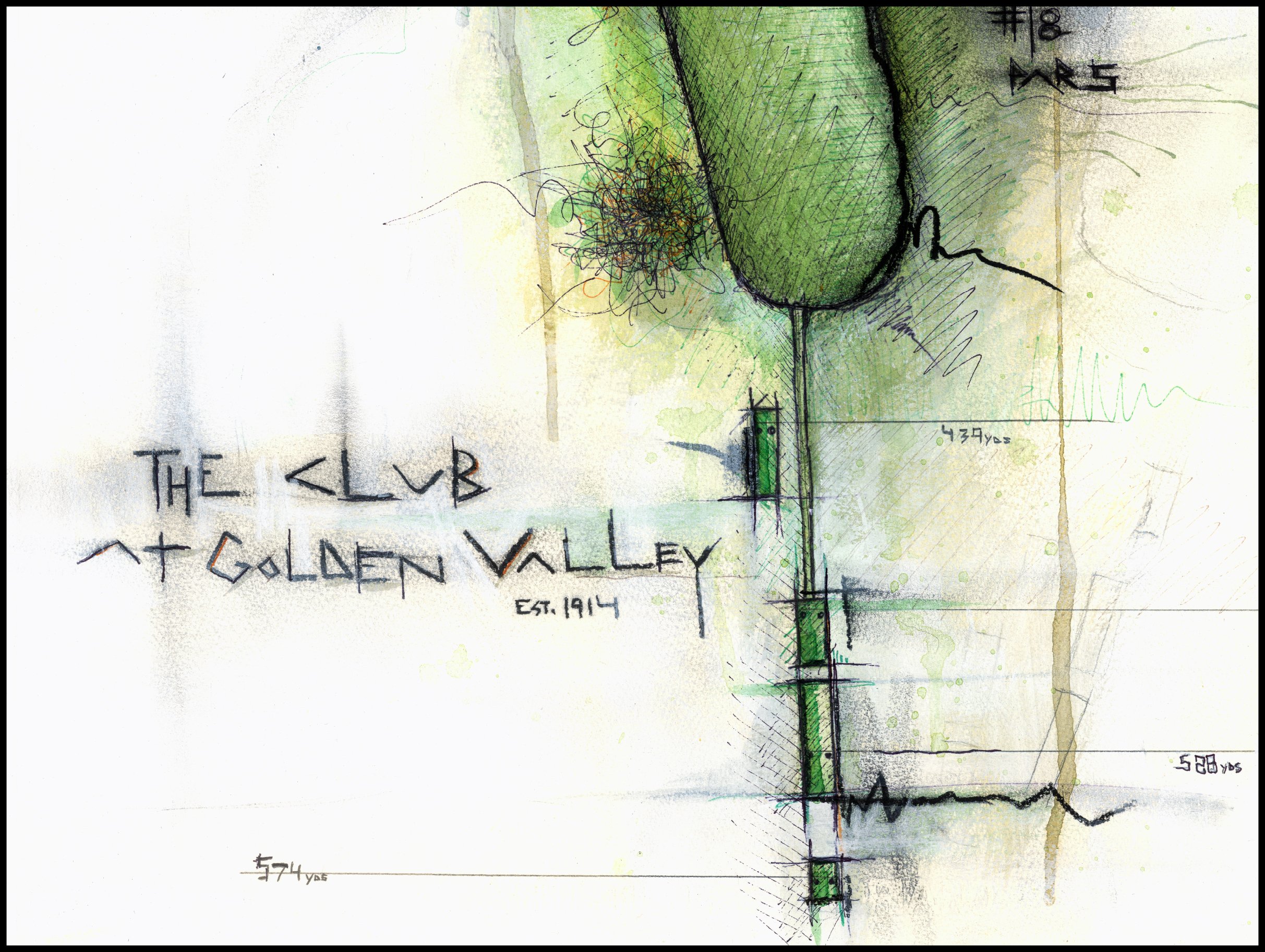 Artistic sketch of the entrance sign for The Club at Golden Valley, established in 1914, with abstract and technical drawing elements, including a large green shape and handwritten annotations.