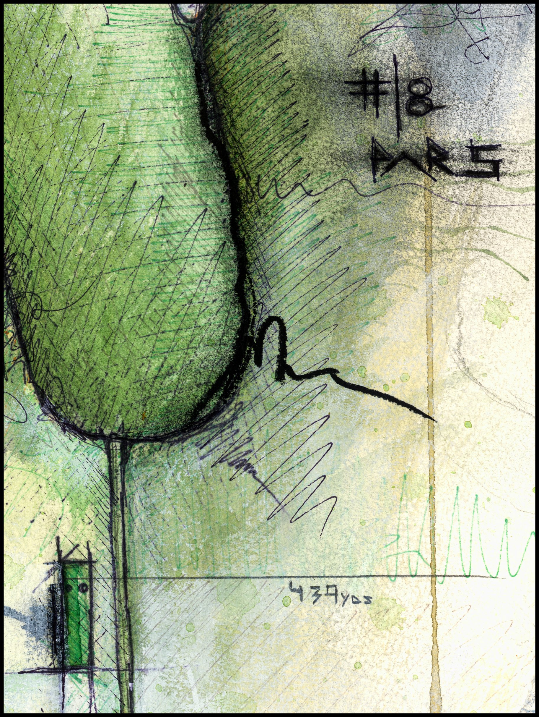 Sketch of a green shape with handwritten annotations including '#8 PARTS' and '439 YDS', with stylized lines and shading.