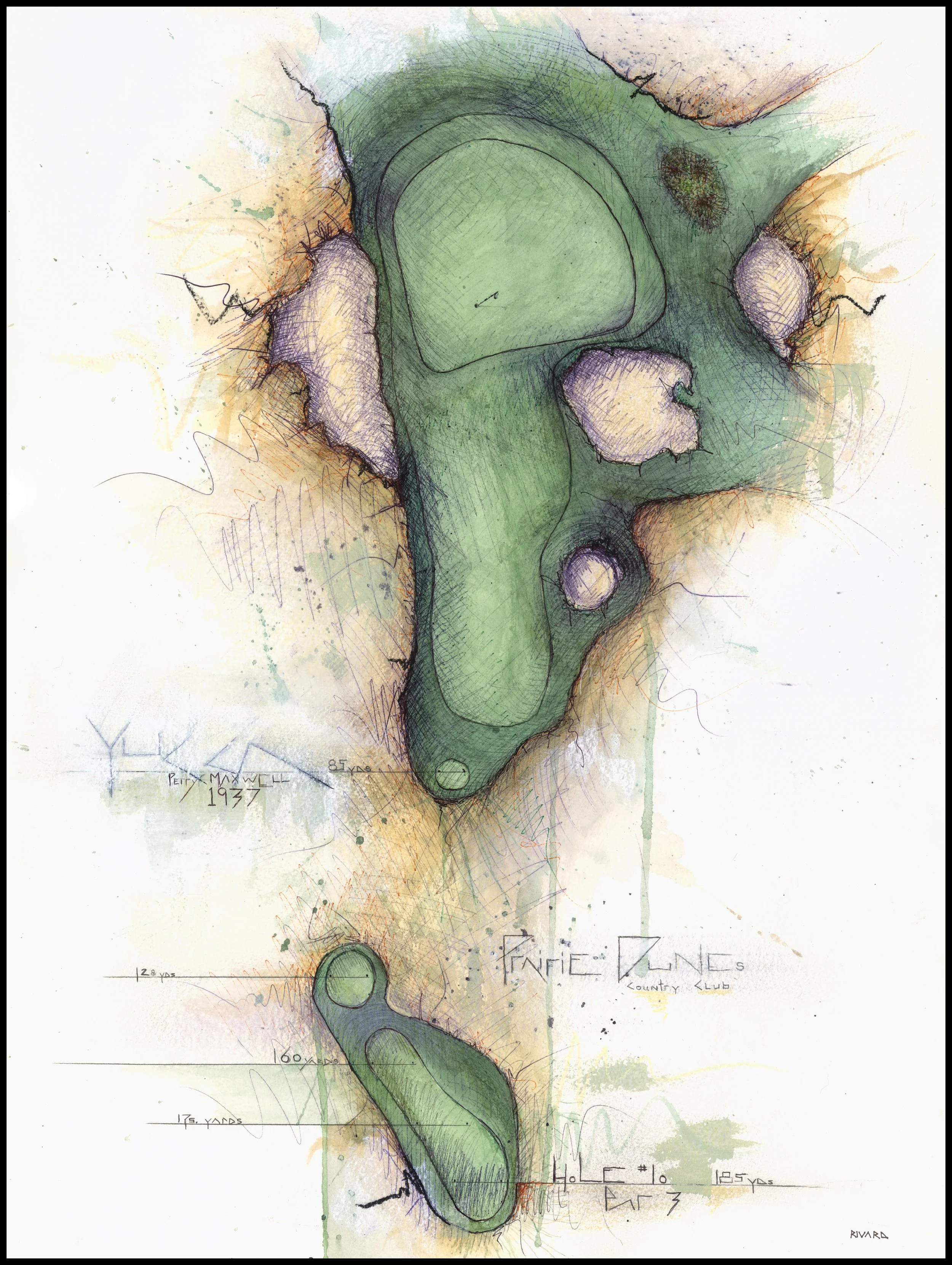 Fine art print of Hole #10 “Yucca” at Prairie Dunes Country Club by Charcoal Golf.