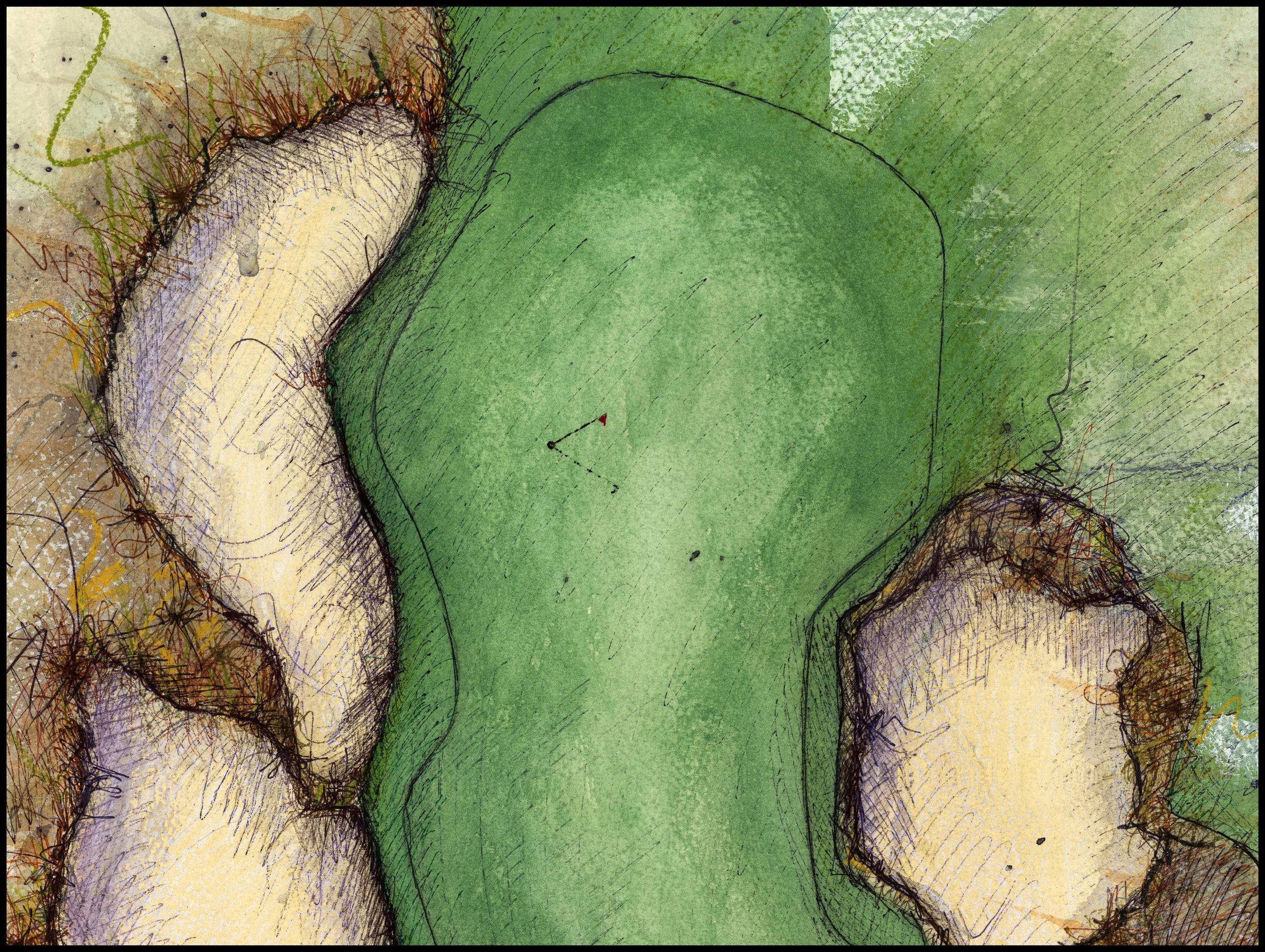 Fine art print of Hole #17 at Te Arai Links South Course by Charcoal Golf.