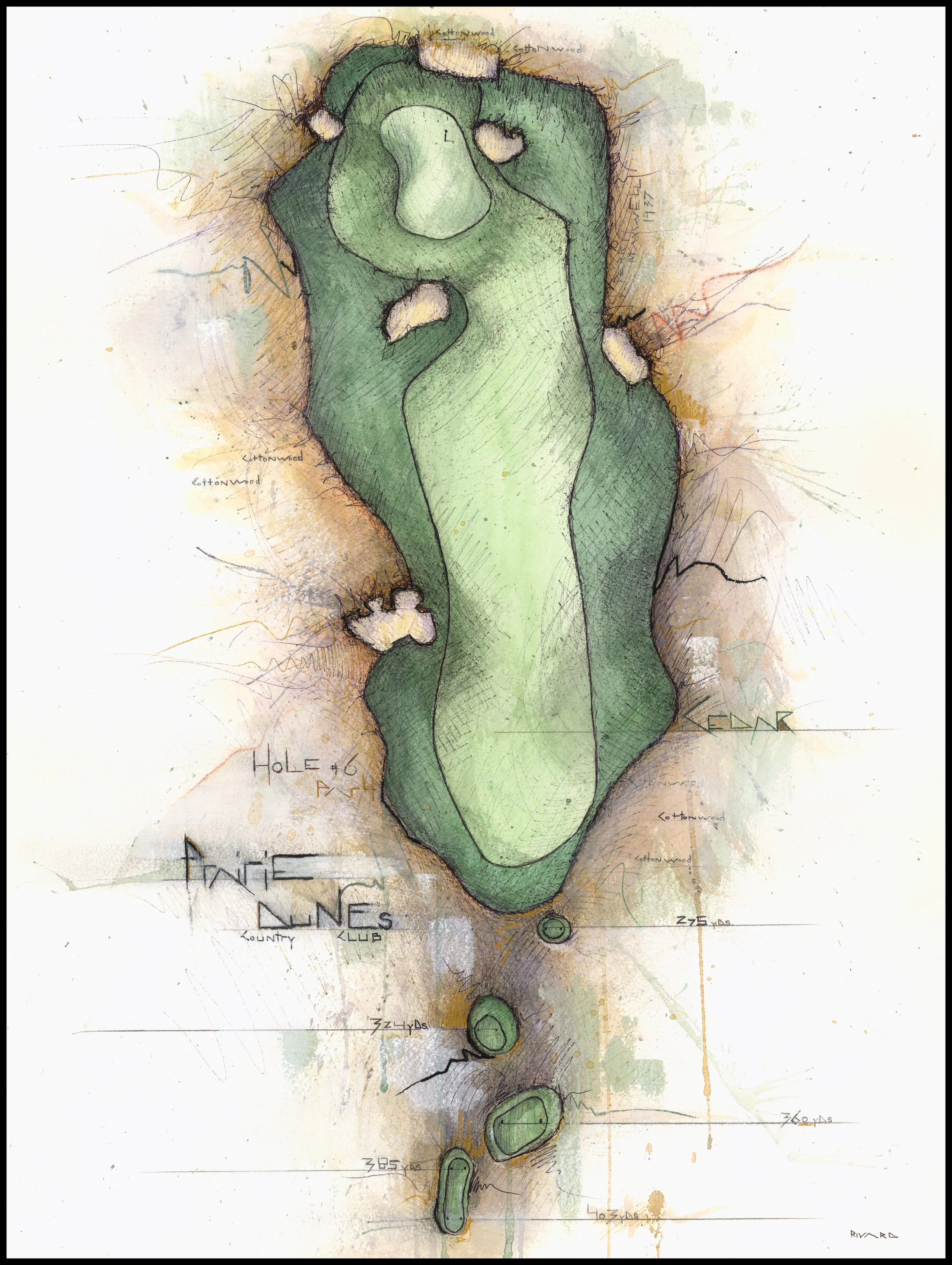 Fine art print of Hole #6 “Cedar” at Prairie Dunes Country Club by Charcoal Golf.