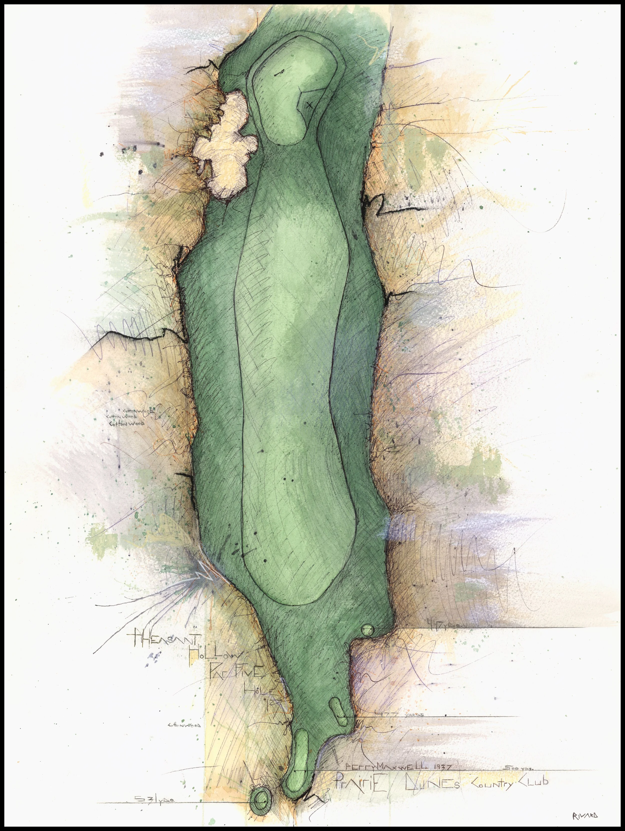 Fine art print of Hole #17 “Pheasant Hollow” at Prairie Dunes Country Club by Charcoal Golf.