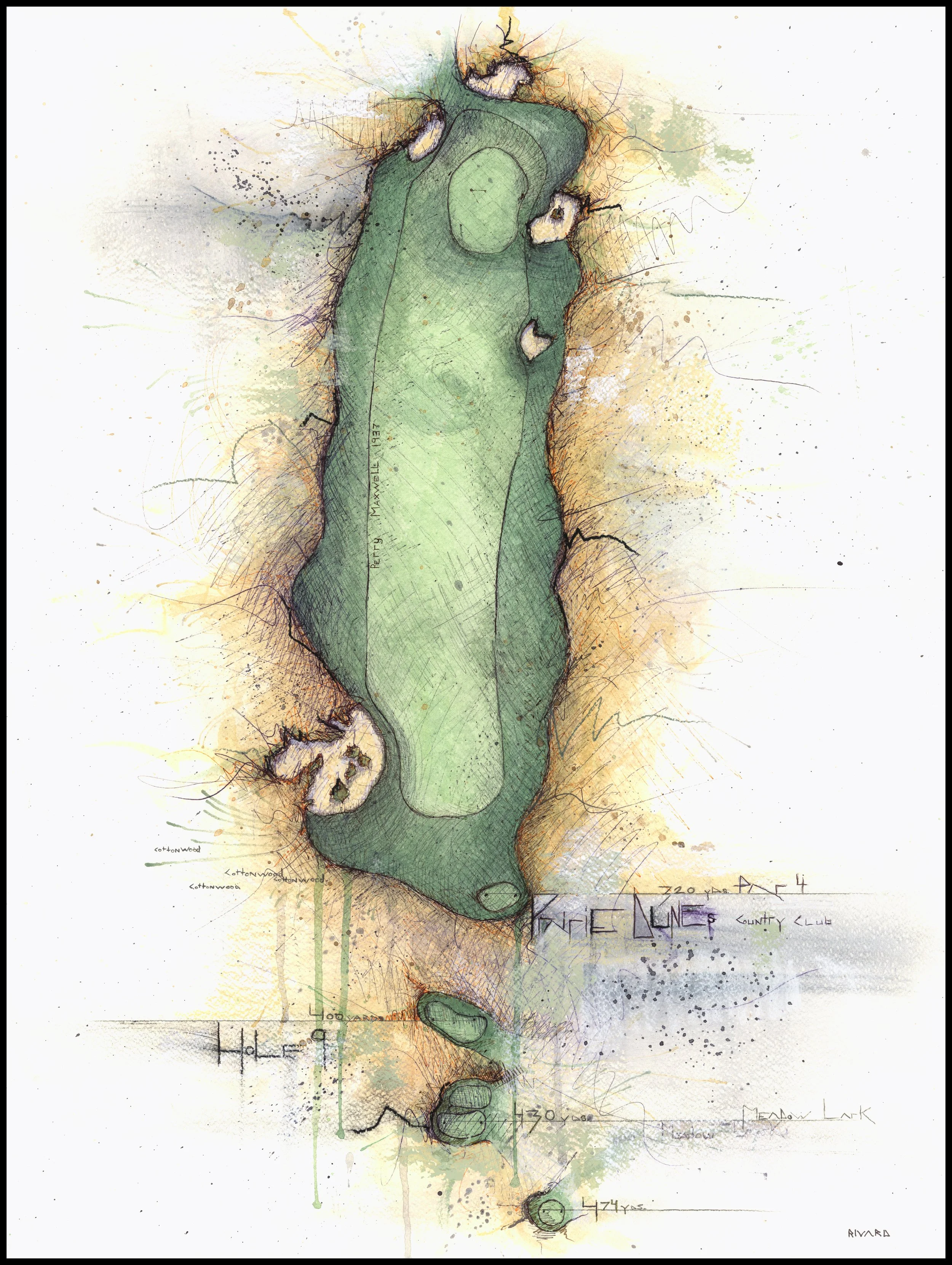 Fine art print of Hole #9 “Meadow Lark” at Prairie Dunes Country Club by Charcoal Golf.