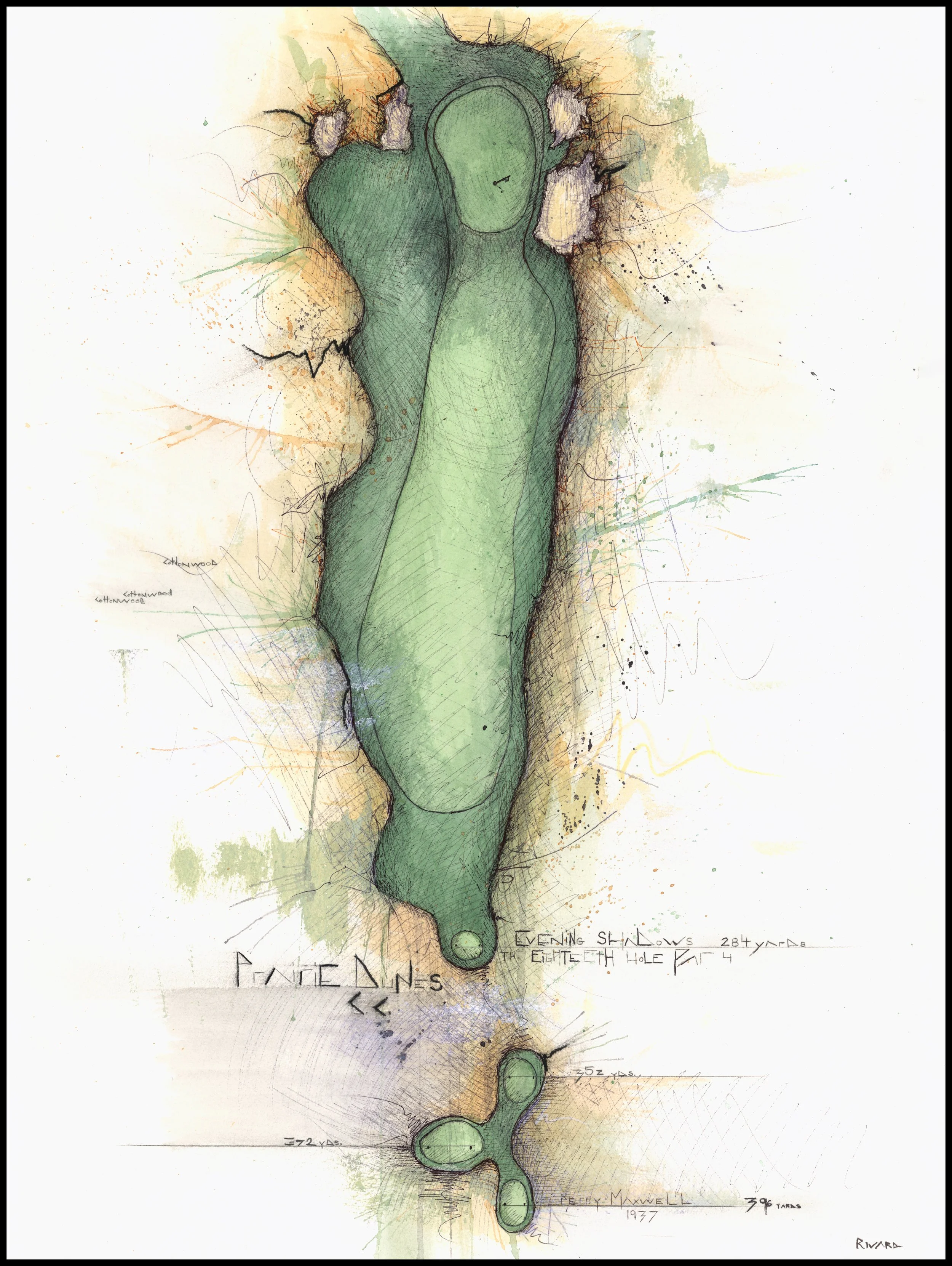 Fine art print of Hole #18 “Evening Shadow” at Prairie Dunes Country Club by Charcoal Golf.