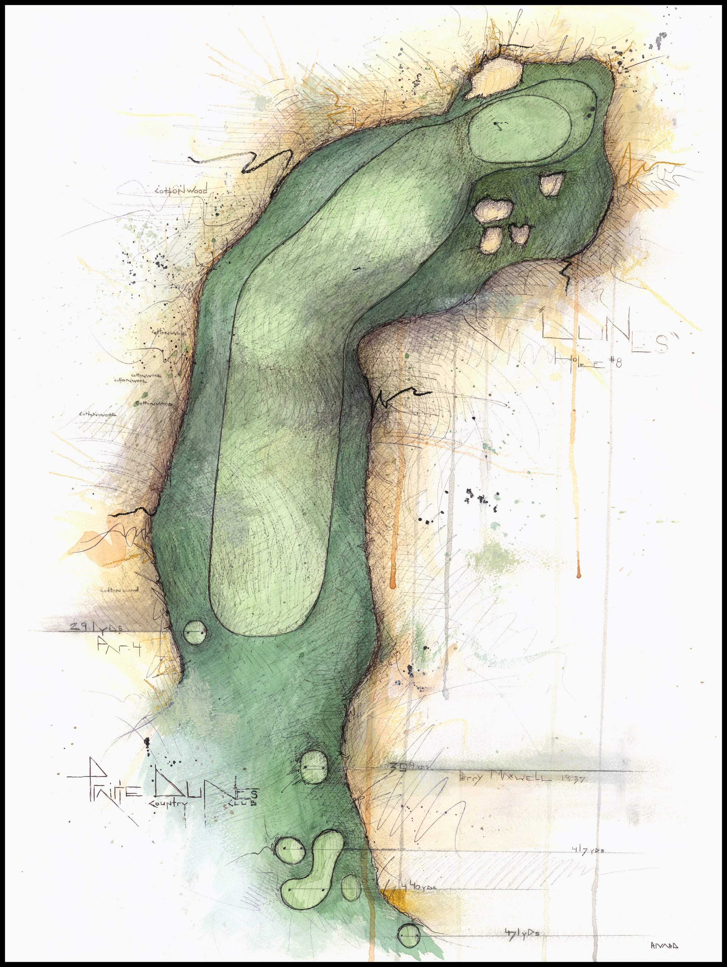 Fine art print of Hole #8 “Dunes” at Prairie Dunes Country Club by Charcoal Golf.
