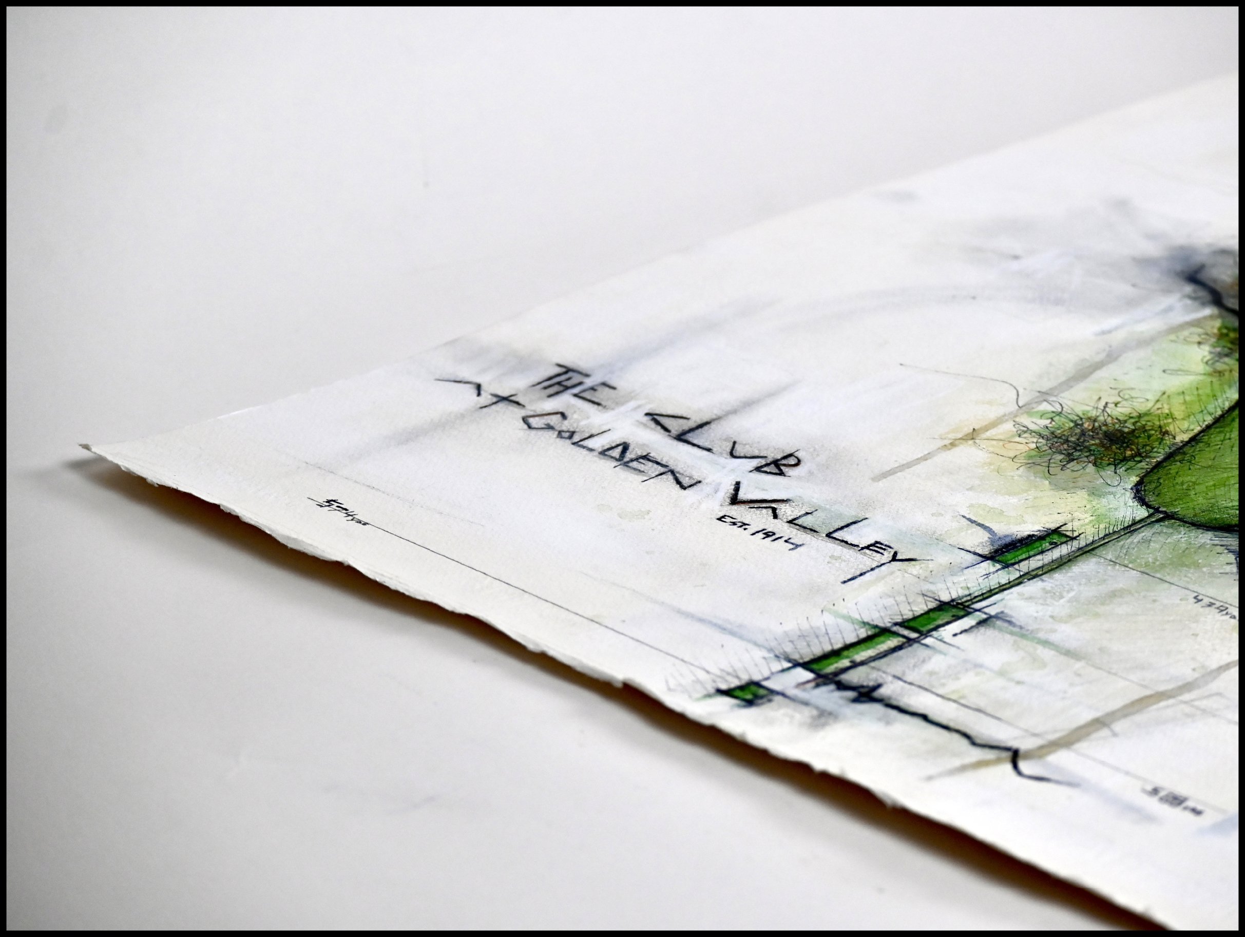 Close-up of a hand-drawn map on white paper with the text "The Lab at Gallen Valley Est. 2014" in black ink.