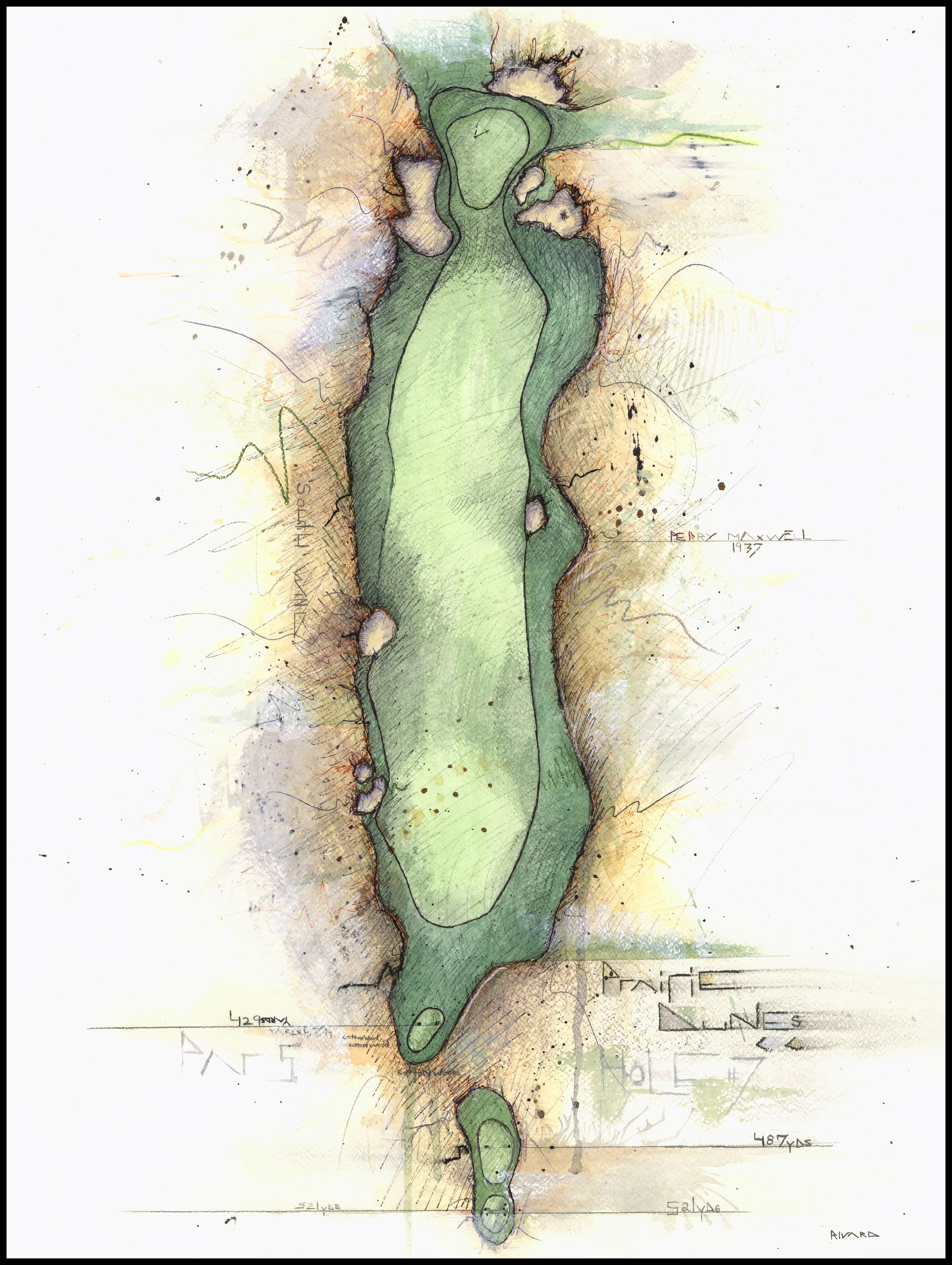 Fine art print of Hole #7 “South Wind” at Prairie Dunes Country Club by Charcoal Golf.