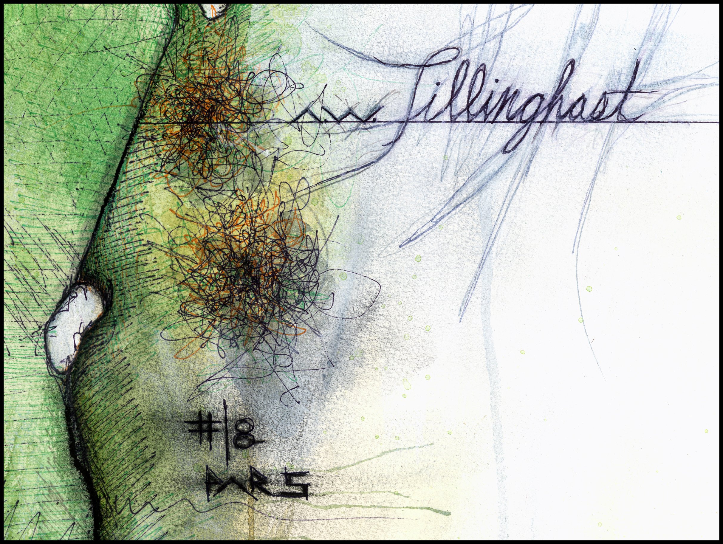 A colorful, abstract drawing featuring a roughly sketched human buttocks with hair, against a background of green, white, and orange splashes, with handwritten text reading 'Tillinghast' and '#8 ARES'.