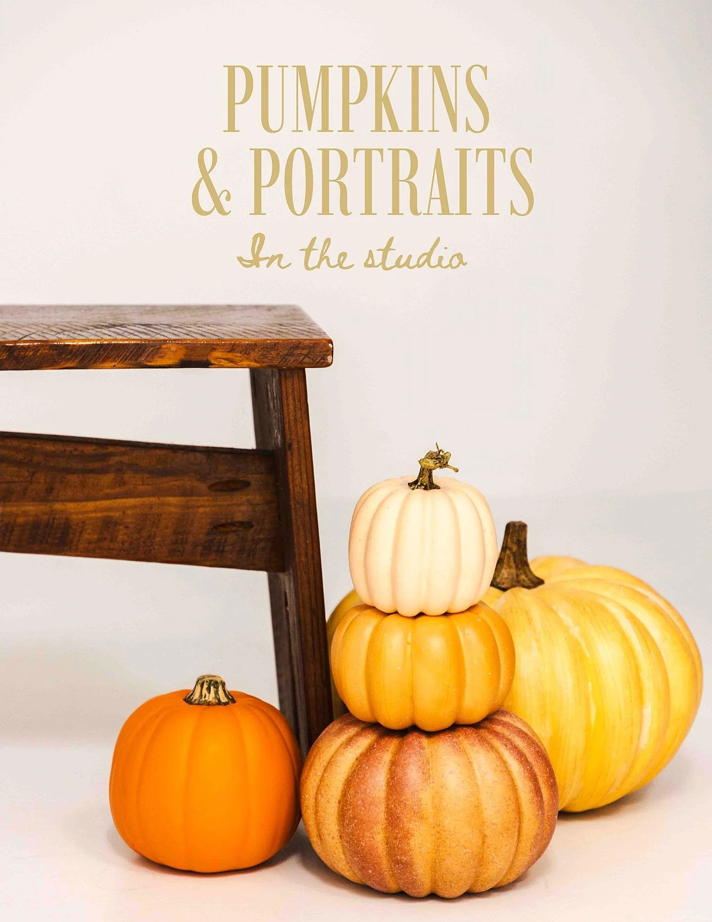 Fall is here! 🍂 Celebrate the season with a cozy fall portrait session and join us in the studio! Styled with pumpkins, seasonal plants, and a simple wooden bench for a warm + elevated look. Perfect for updating family photos this fall! 

$275 | 30-
