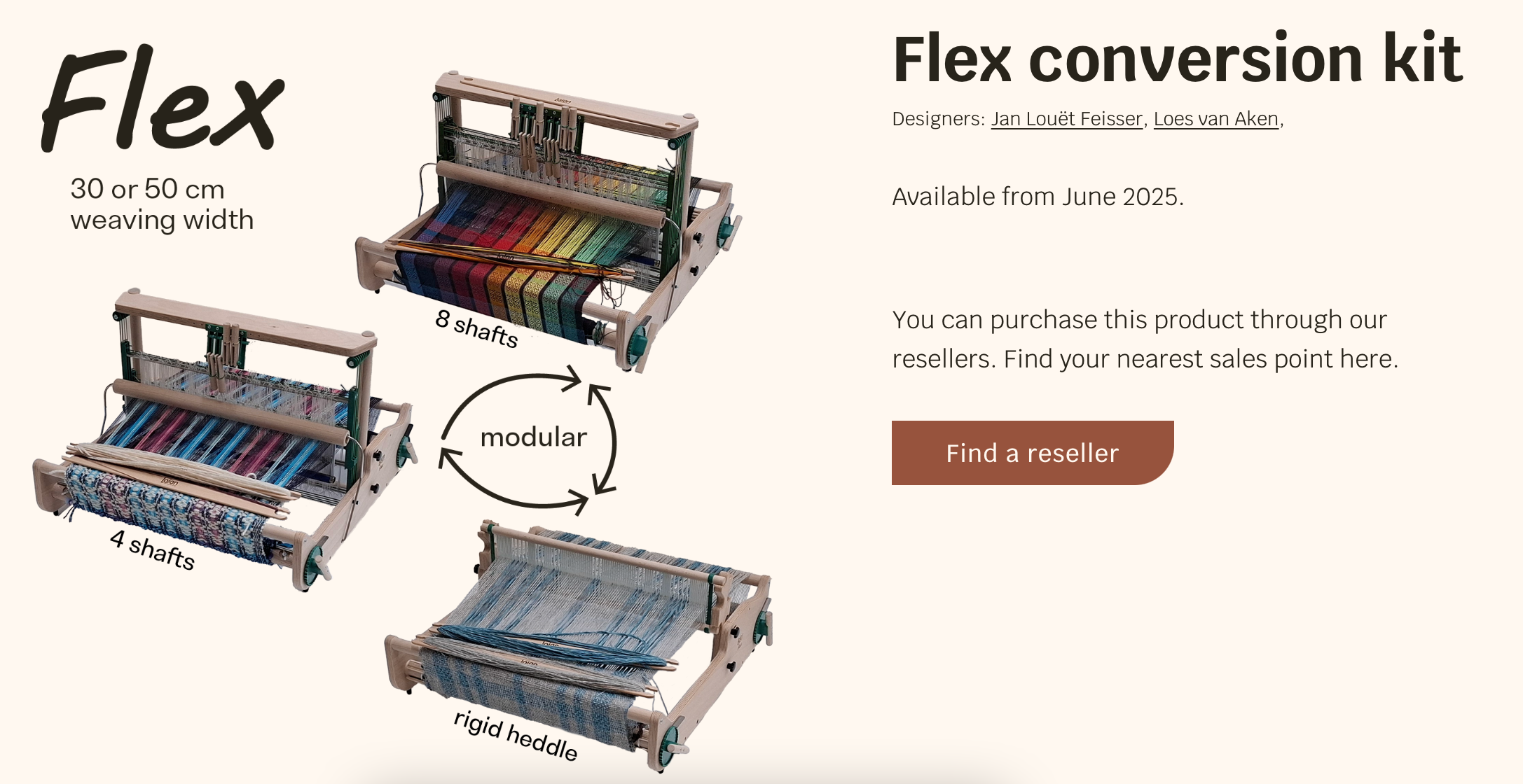 Image of a modular, flex weaving machine with three configurations: 8 shafts, 4 shafts, and rigid heddle, used for textile weaving, with text highlighting features like 30 or 50 cm weaving width and the design from Jan Louët Feisser and Loes van Aken