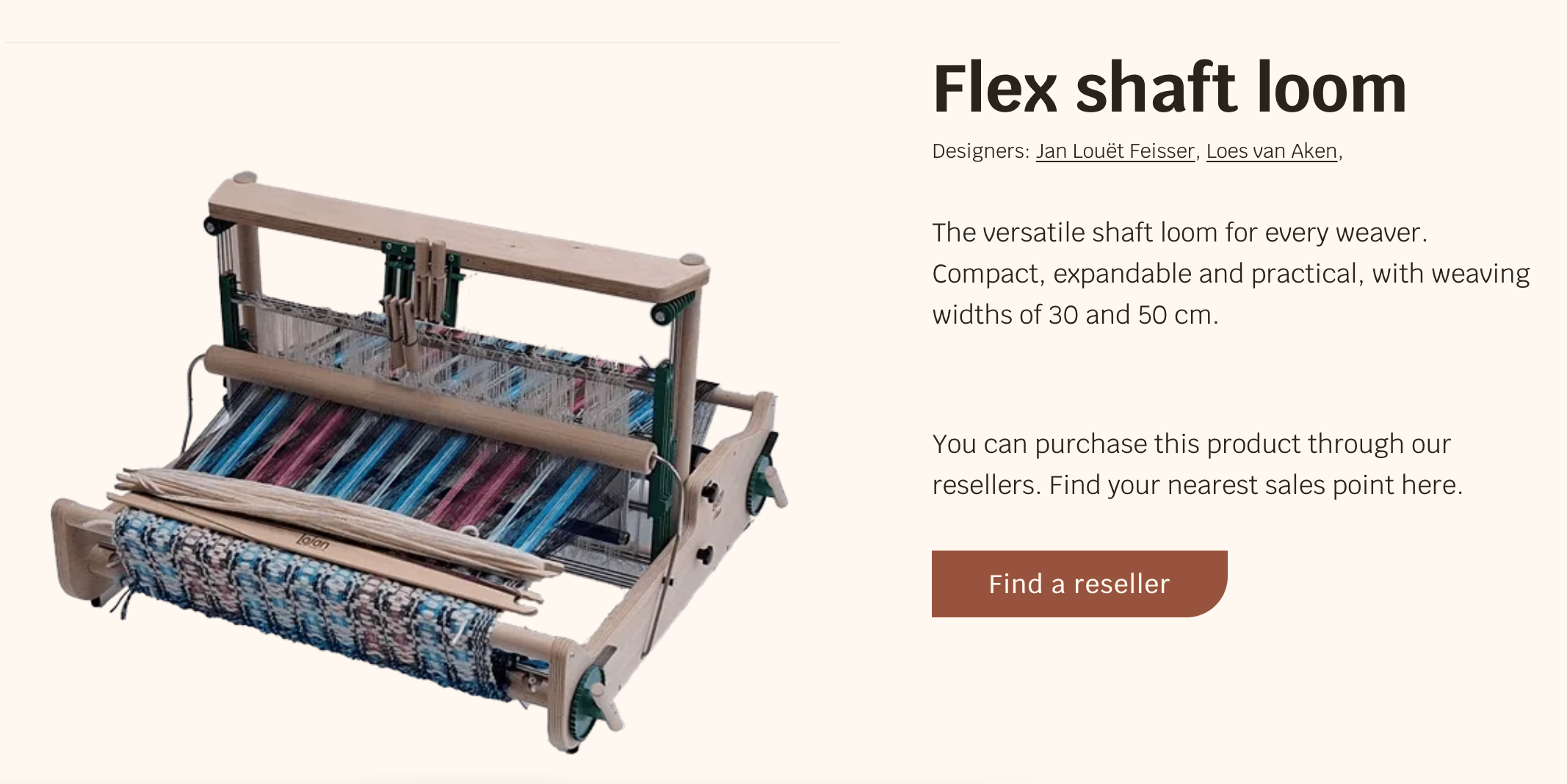A wooden loom with colorful woven fabric, designed for weaving. The image is part of a webpage promoting a versatile, compact, and expandable warp loom for weaving, available in widths of 30 and 50 cm.