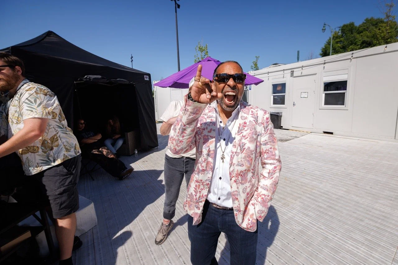 Memphis producer Boo Mitchell arrives at the interview tent at RiverBeat Music Fest 2026, ahead of his Royal Studios Jam set. Tom Lee Park, Memphis.