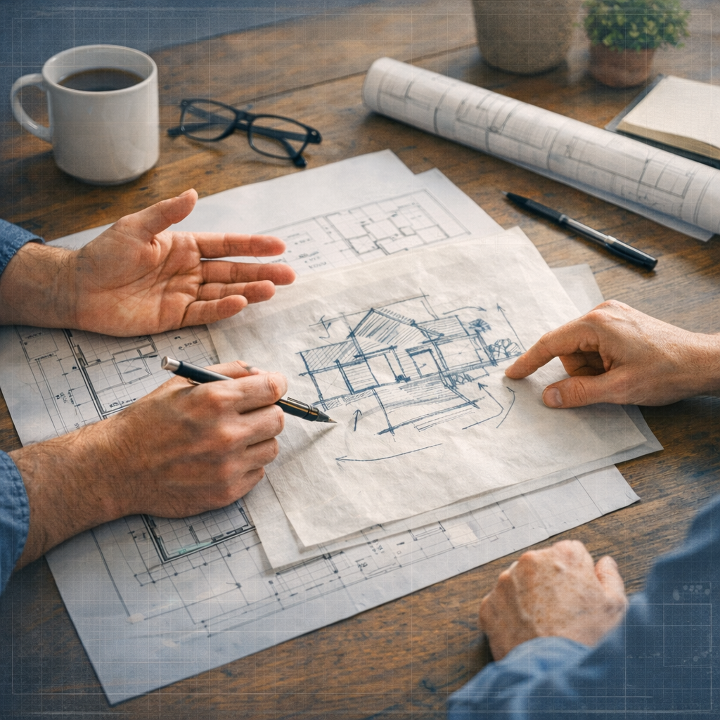 Early design planning with floor plan sketches and layout studies for home renovations