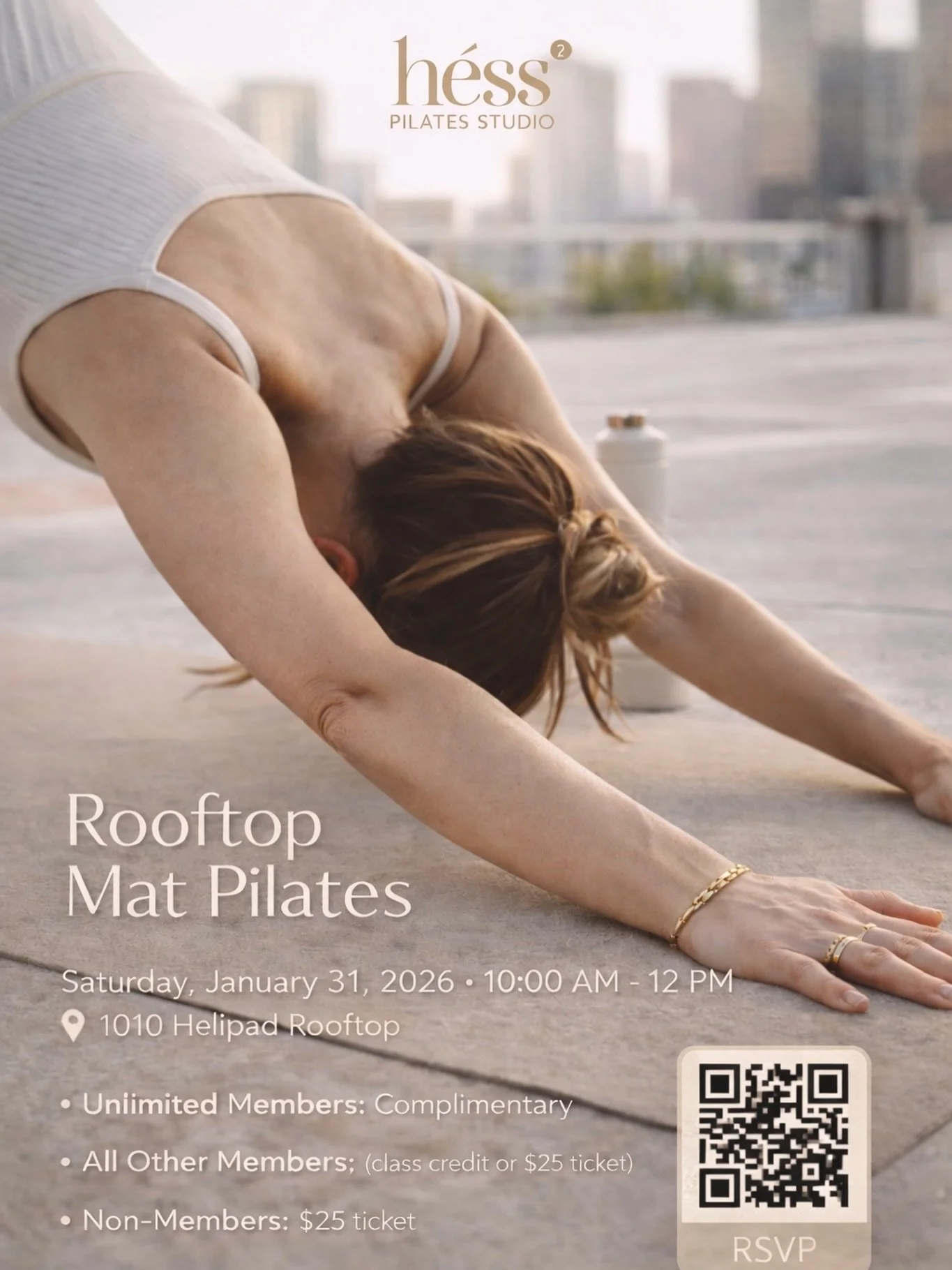 Your mind-body reset in the sky
Join us Saturday, January 31st for a morning of mindful movement.
Flow through a revitalizing mat Pilates class, then stay to enjoy light bites, refreshing sips, and connect with our vendors.
1010 Rooftop Helipad
10AM-