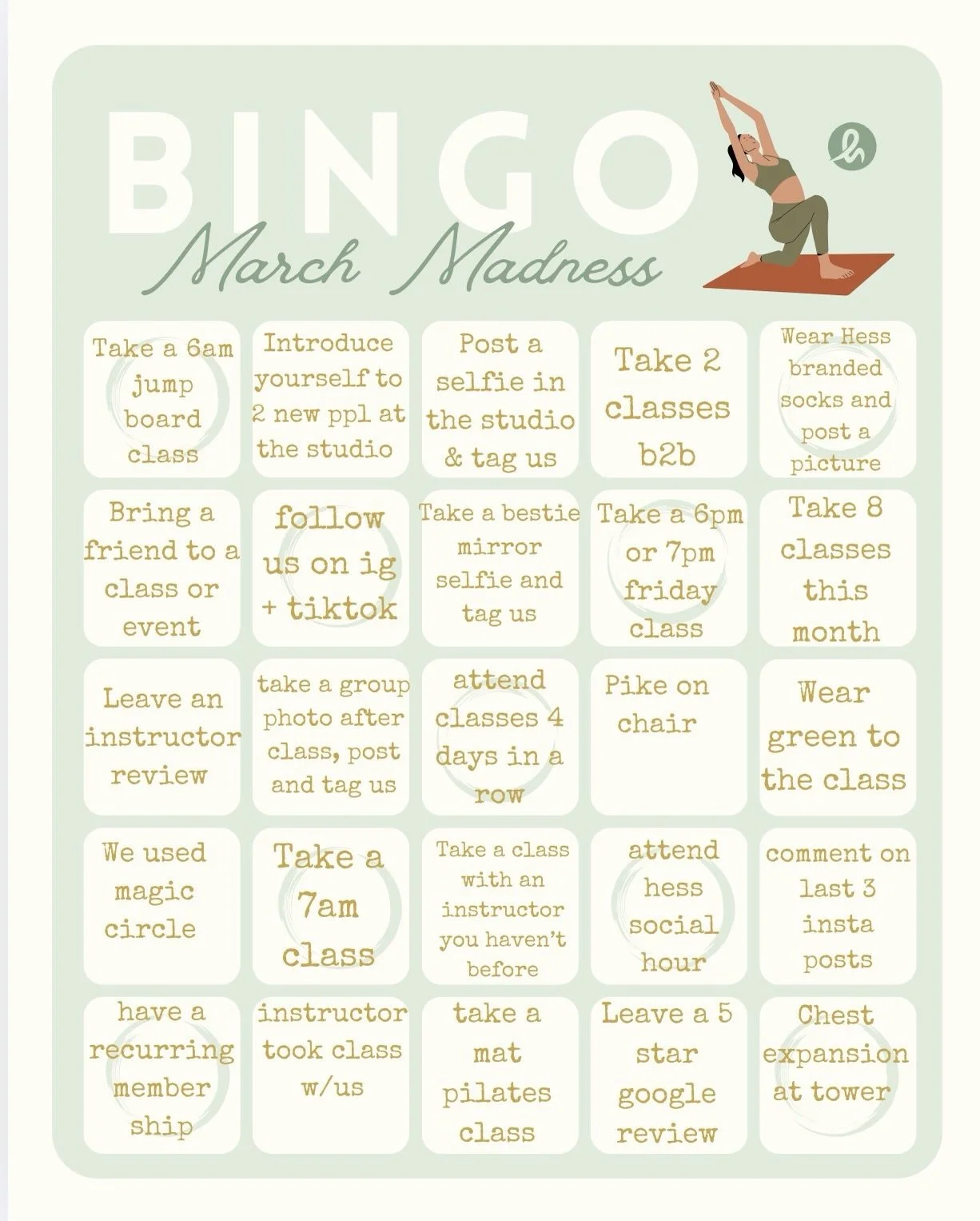 BINGO is officially on at Hess! 🎉

Starting today through March 31, we&rsquo;re kicking off our Hess March Madness Bingo Challenge for all our amazing members.

Pick up your Bingo card at the front desk, complete the squares throughout the month, an