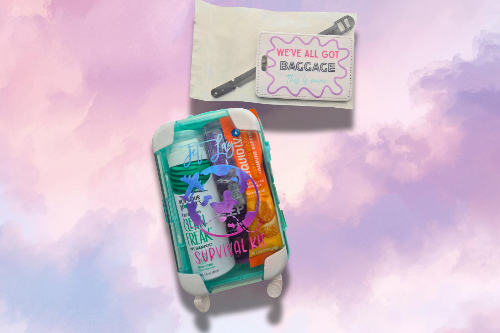 Mini teal suitcase filled with jet lag recovery essentials, beside a luggage tag that reads We've All Got Baggage