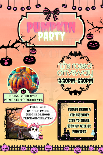 Orange and black kids’ Halloween pumpkin party invitation with hanging jack-o’-lanterns, bats, and trick-or-treat details.