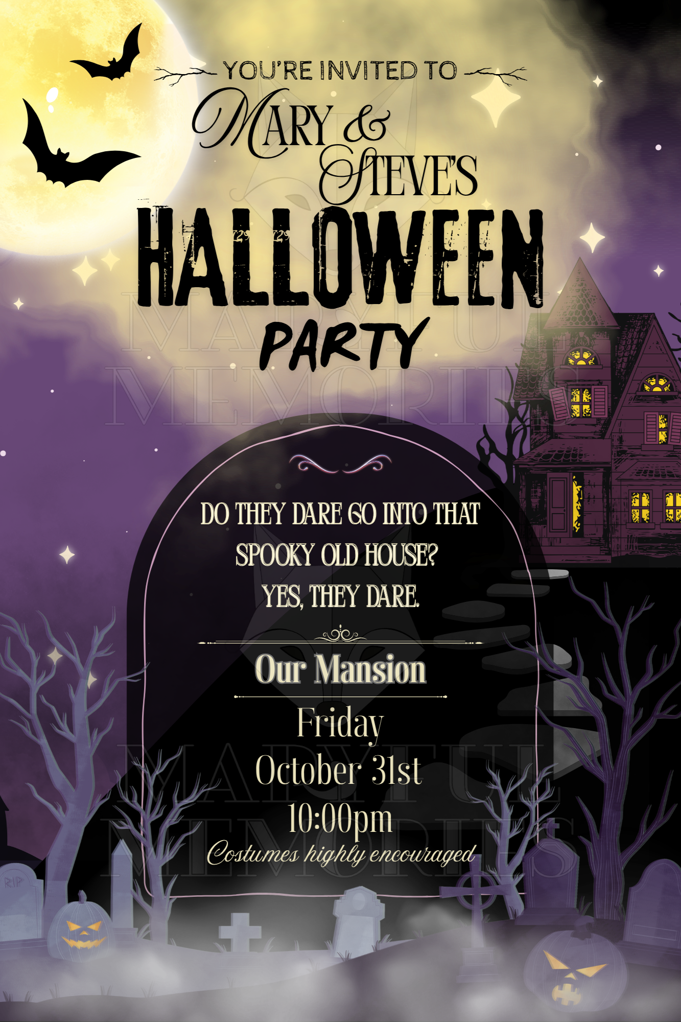 Purple haunted mansion Halloween invitation with a glowing full moon, flying bats, and a spooky house.