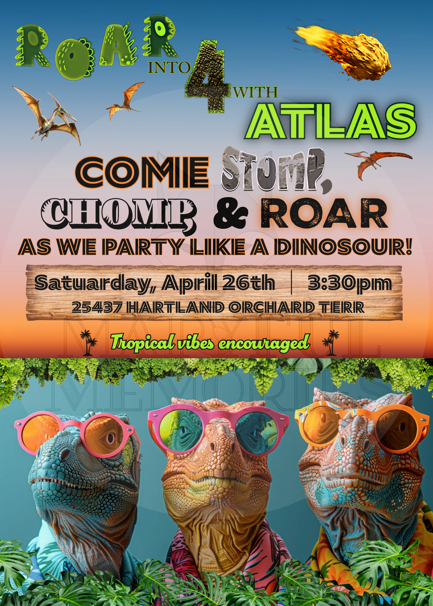 Roar Into Four Dinosaur 4th Birthday Invitation, Personalized Digital Invite