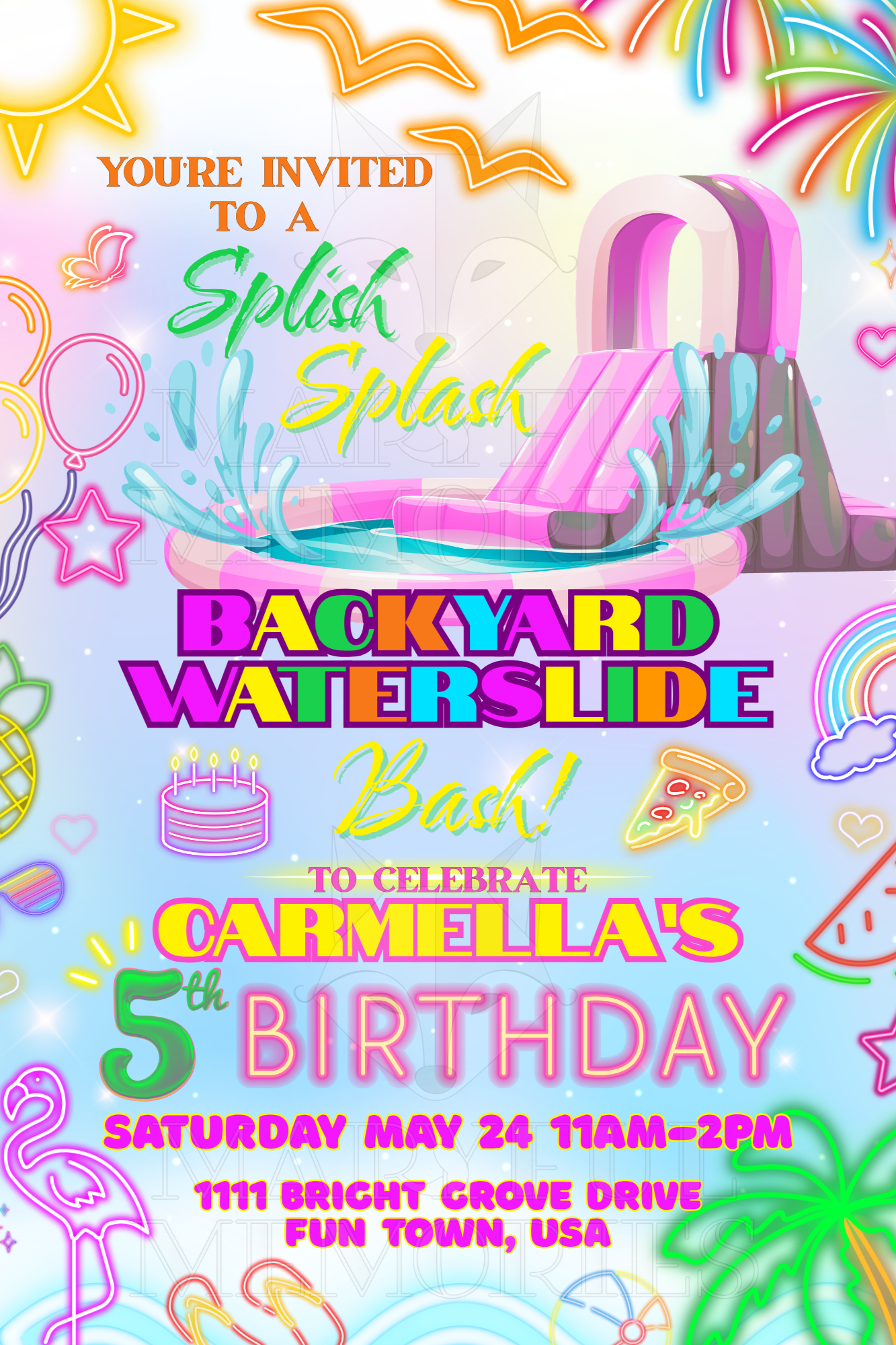 Bright neon backyard water-slide birthday invitation with a pink inflatable slide, water splashes, and colorful summer party icons.