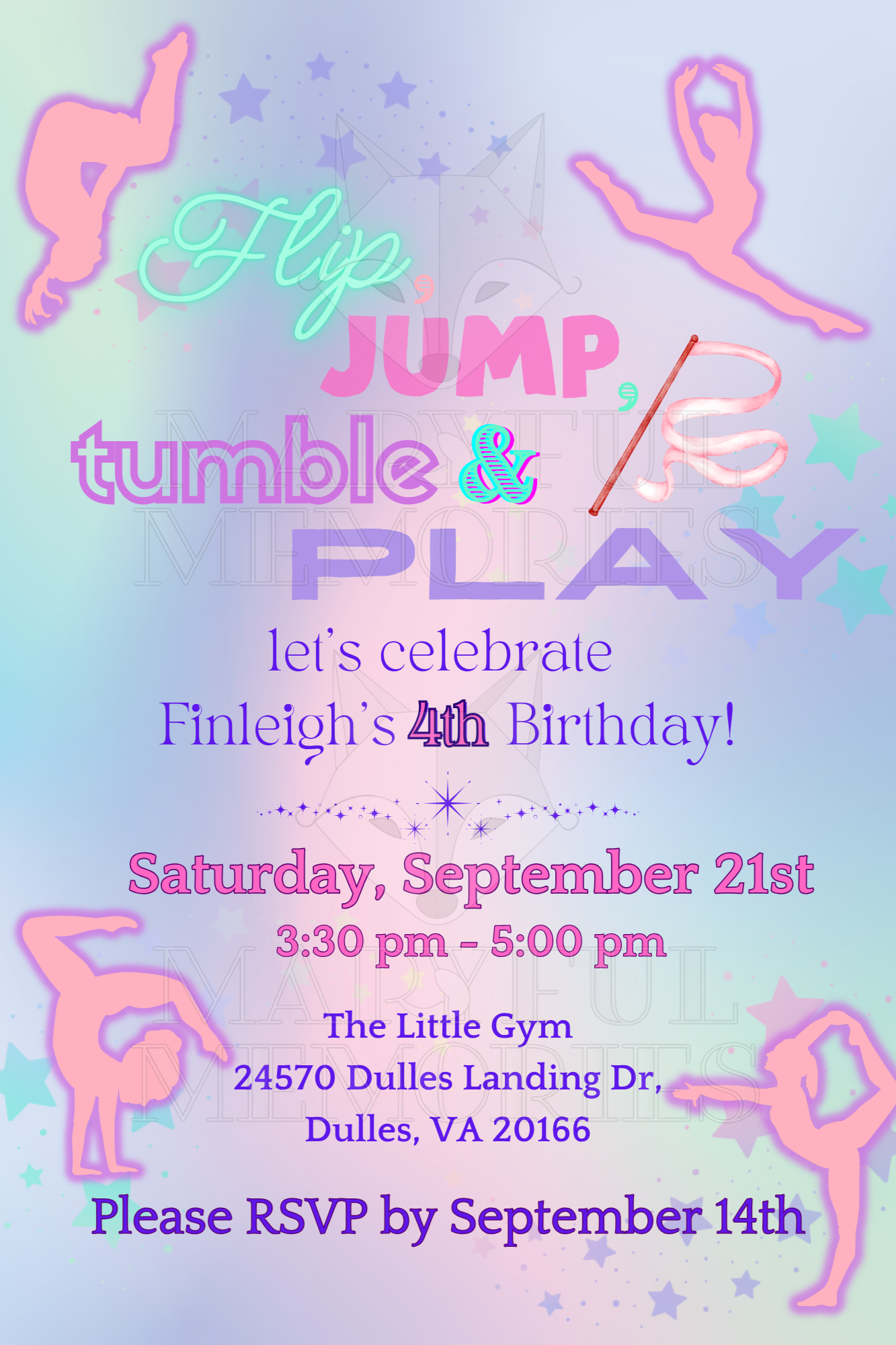 Pastel gymnastics fourth birthday invitation with pink gymnast silhouettes, stars, and “Flip, Jump, Tumble and Play” wording.