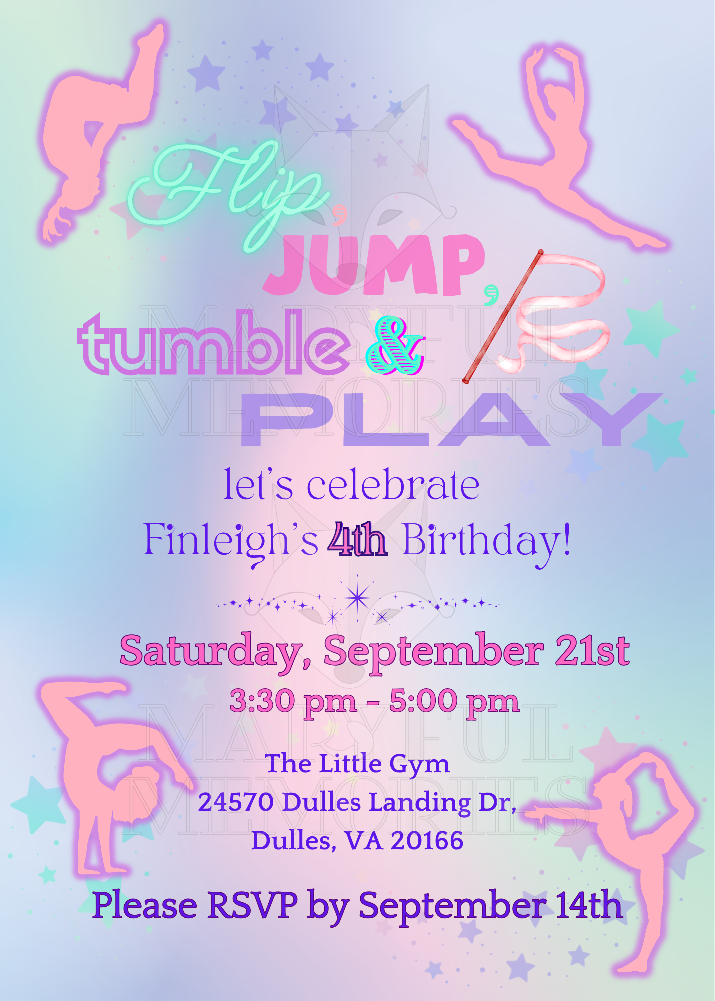 Flipping Into Four Gymnastics 4th Birthday Invitation, Personalized Digital Invite