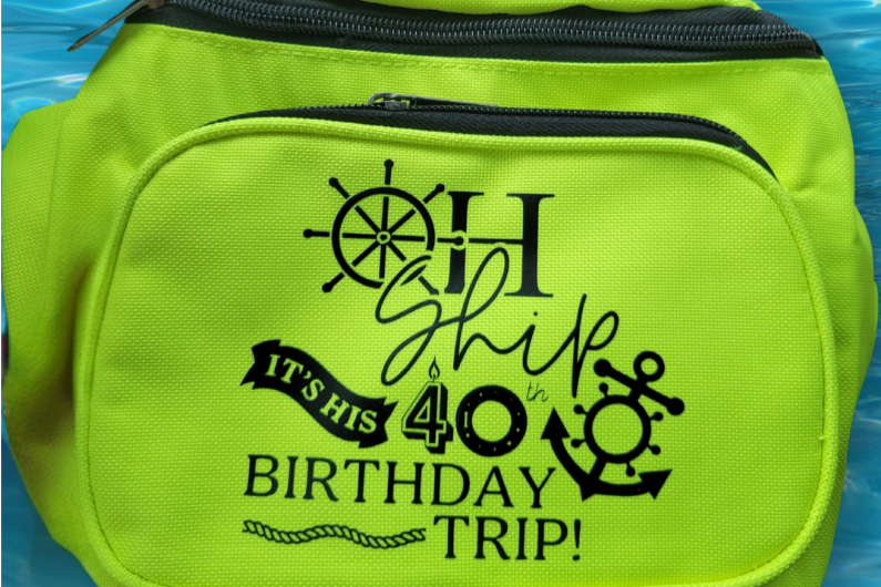 Neon yellow fanny pack printed Oh Ship, It's His 40th Birthday Trip, with a ship's wheel and an anchor