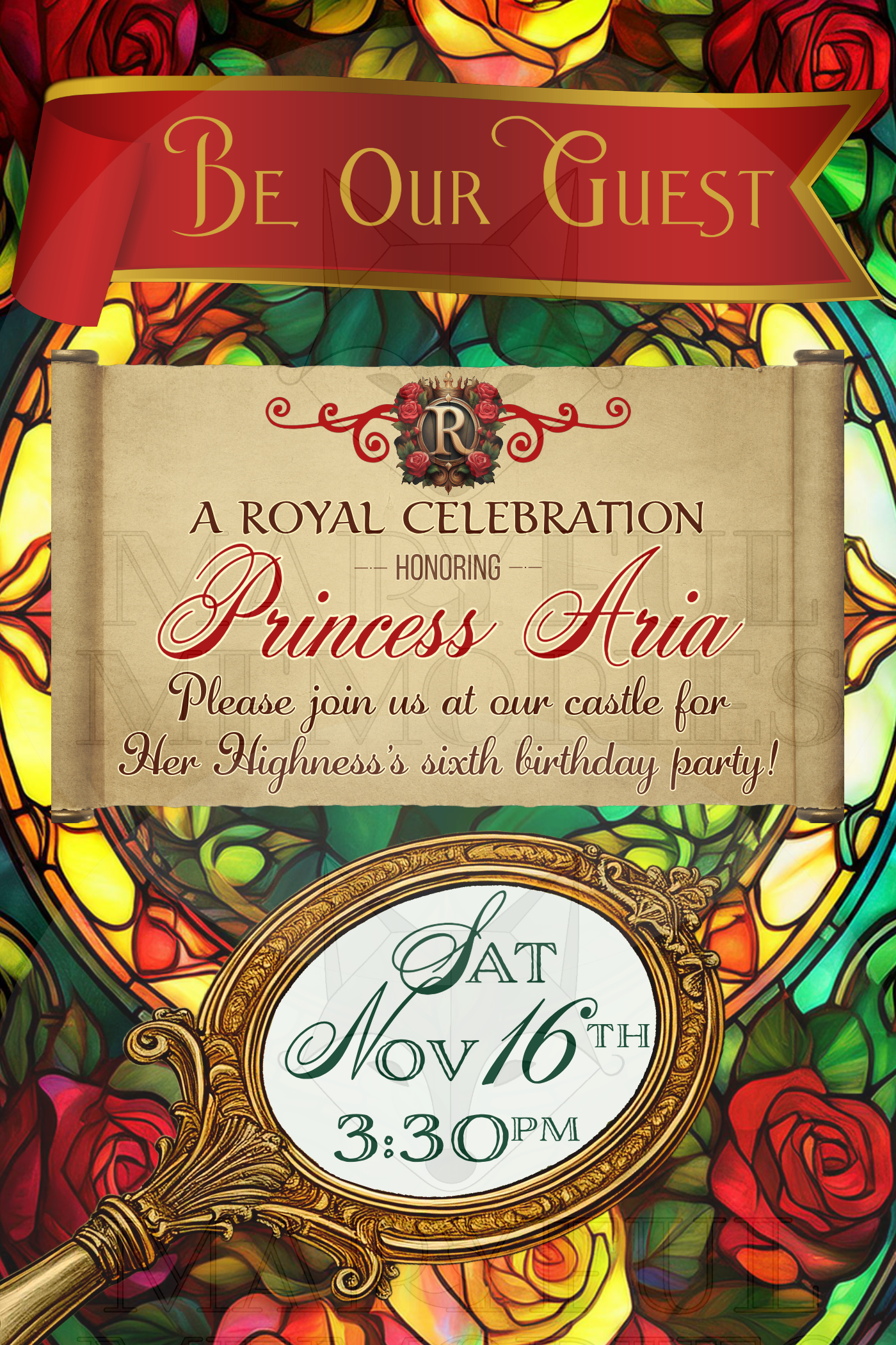 Royal fairytale princess birthday invitation with stained-glass roses, a decorative scroll, and an ornate hand mirror.