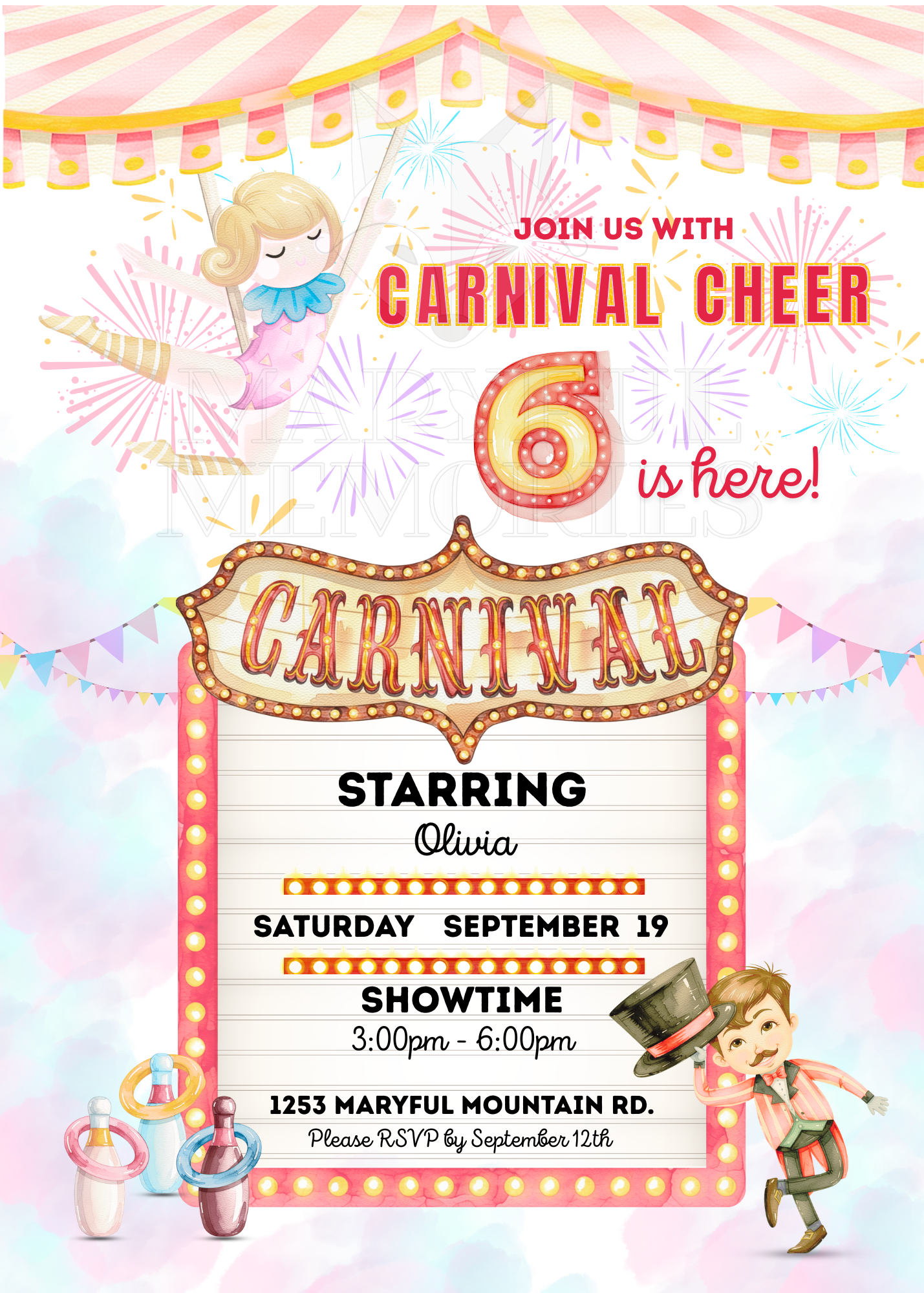 Carnival Circus Birthday Party Invitation, Personalized Digital Invite