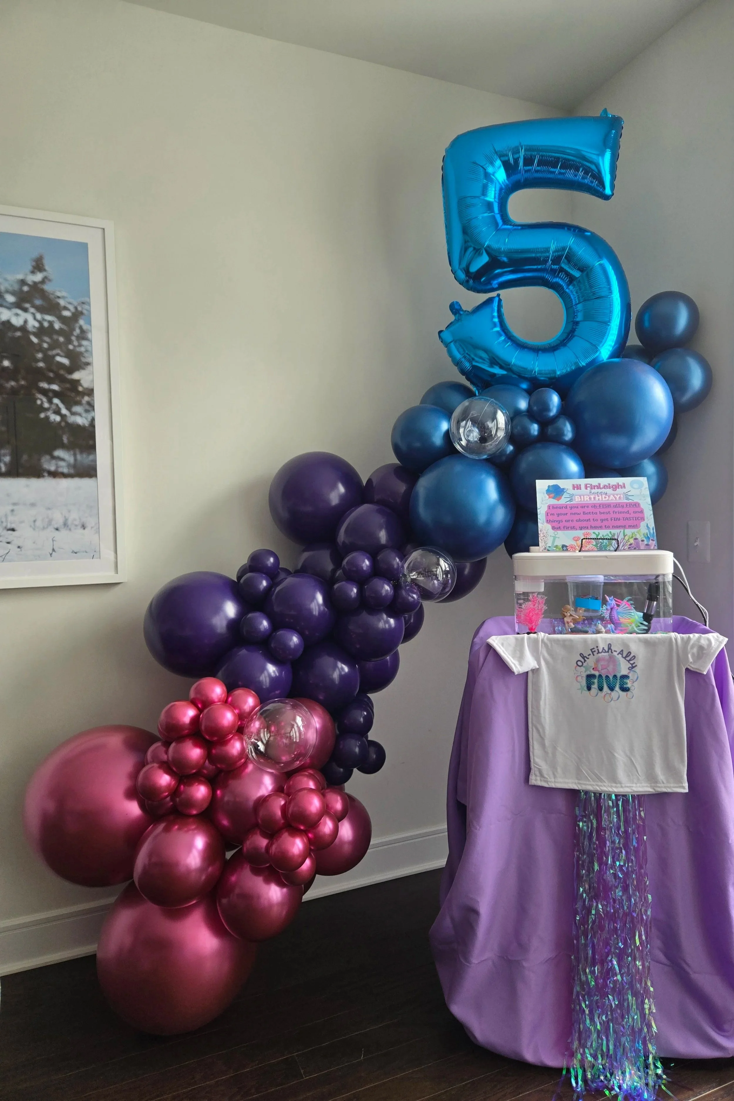 Colorful balloon decorations featuring a large blue number 5 balloon, purple balloons, pink balloons, and clear balloons with decorations. There is a purple fabric backdrop with holographic streamers and a sign with a birthday message. A part of a framed outdoor snowy scene is visible on the wall to the left.