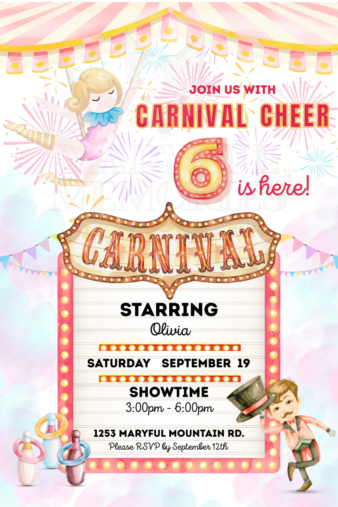Colorful carnival circus birthday invitation with a striped tent, balloons, and personalized party details.