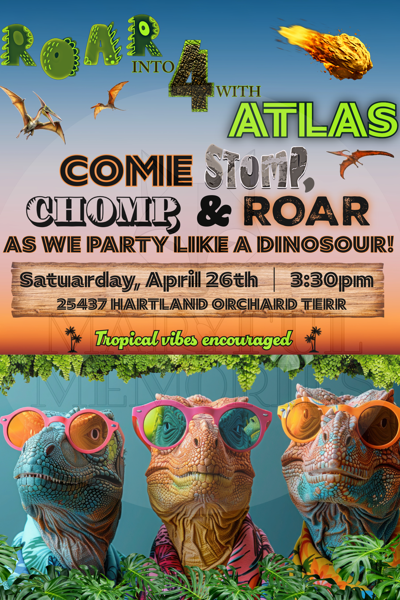 Colorful dinosaur fourth birthday invitation with three sunglasses-wearing dinosaurs, flying pterodactyls, and tropical details.