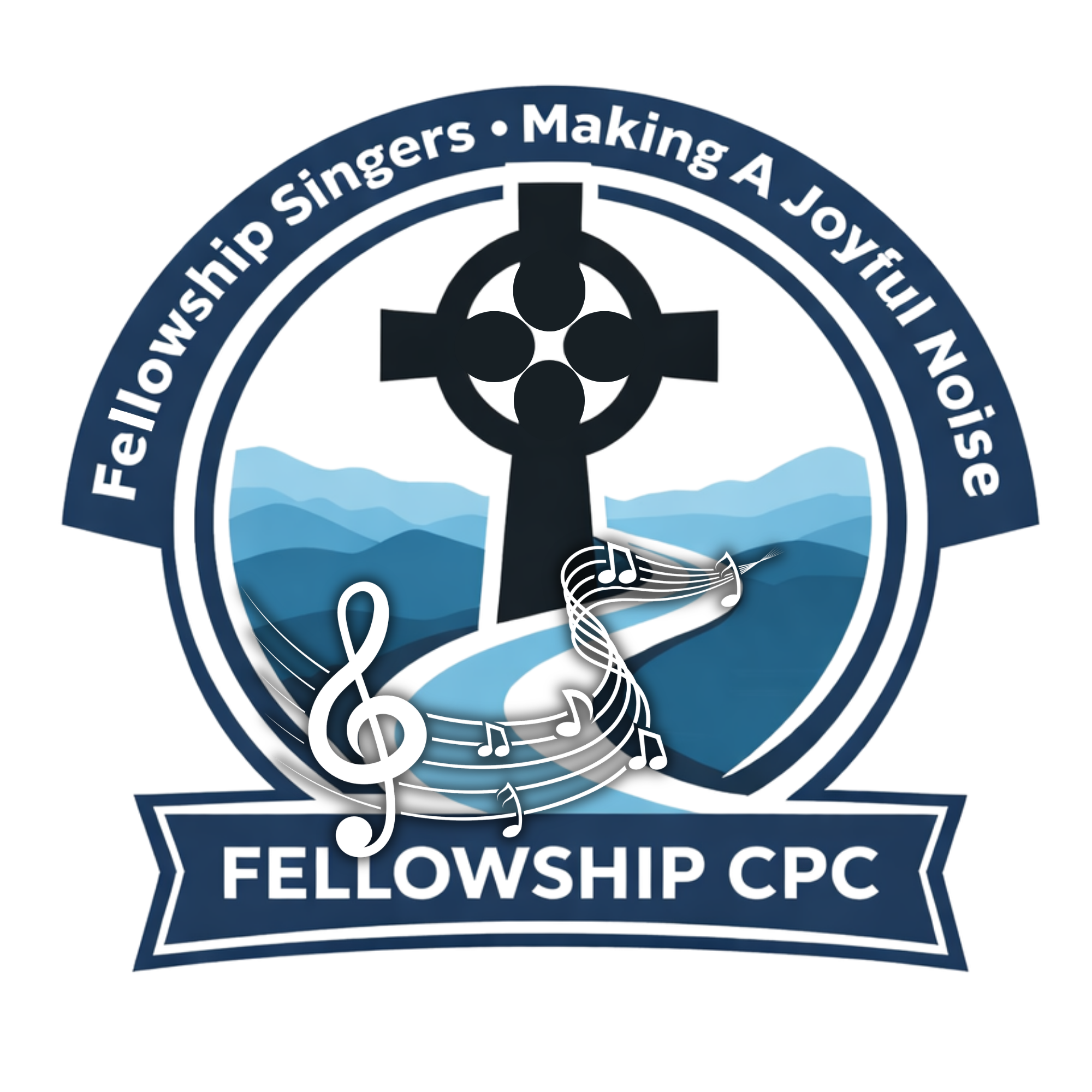 Logo for Cumberland Faith Singers featuring two stylized human figures raising their arms with a treble clef between them, on a dark blue background, with white text below reading "Cumberland Faith Singers."