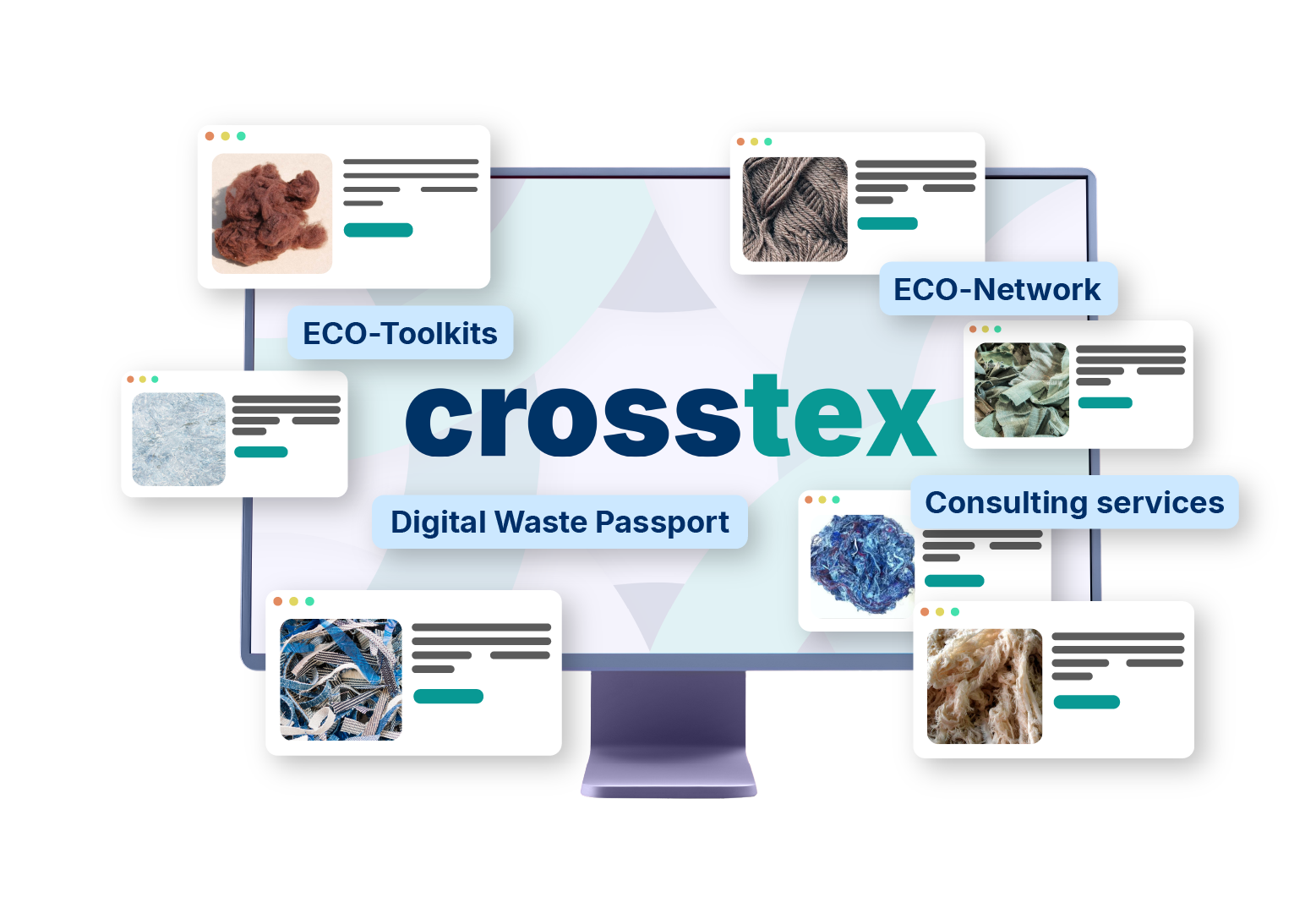 Schermata di un computer con vari frammenti di pagine web e testi, tra cui 'Crosstex', 'Digital Waste Passport', 'ECO-Toolkit', 'ECO-Network', e 'Consulting services'.
