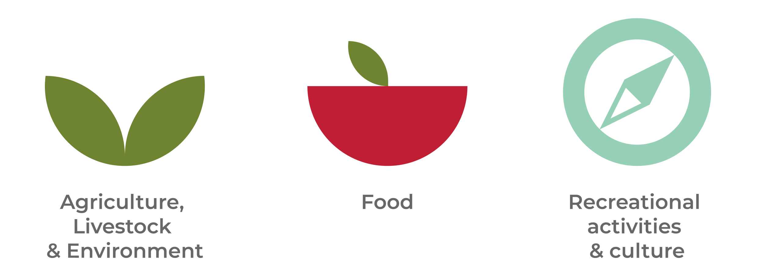Icone di tre simboli rappresentanti agricoltura, cibo e attività ricreative con testo in italiano e inglese: 'Agriculture, Livestock & Environment', 'Food', 'Recreational activities & culture'.