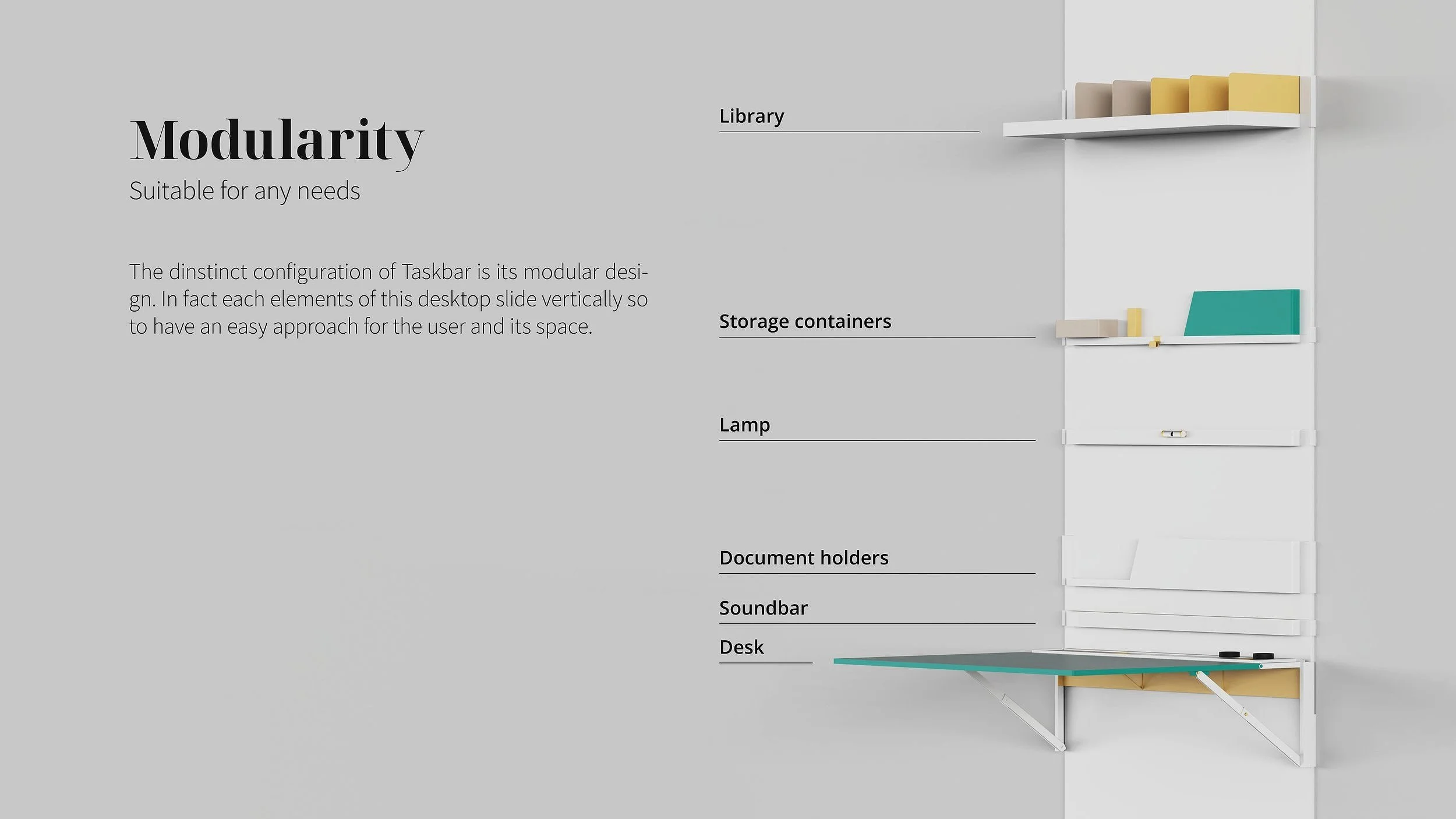 Immagine di una parete con scaffali modulari pieni di scatole e oggetti, accanto a un tavolo con supporto.
