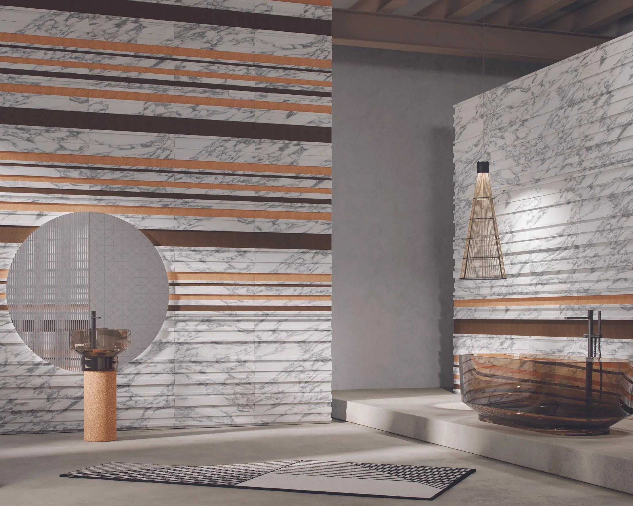 Interno moderno con pareti in marmo e legno, fontana di vetro con acqua color ambra e lampada sospesa in rattan.